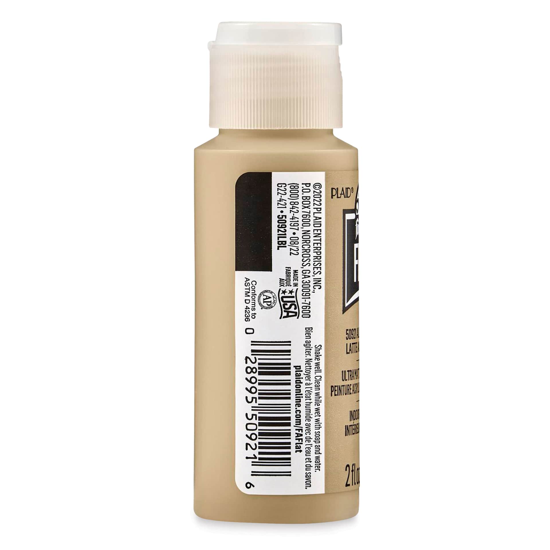 FolkArt Flat Ultra Matte Acrylic Paint - Almond Latte, 2 oz, back of bottle