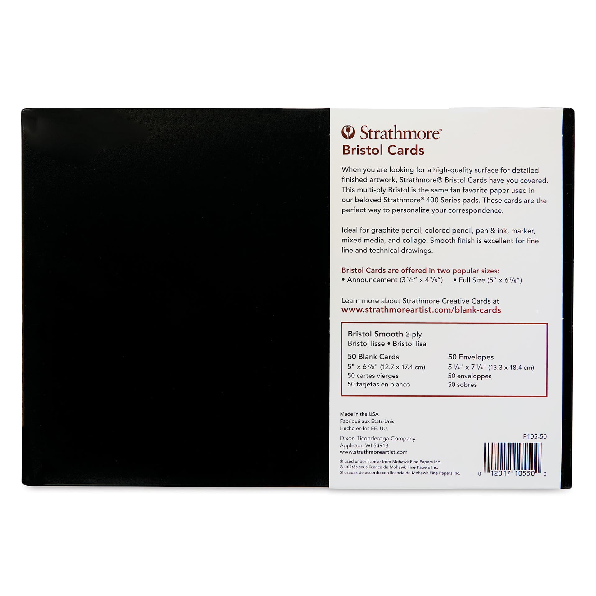 Strathmore 400 Series Bristol Cards and Envelopes - Full Size, Pkg of 50, back of packaging