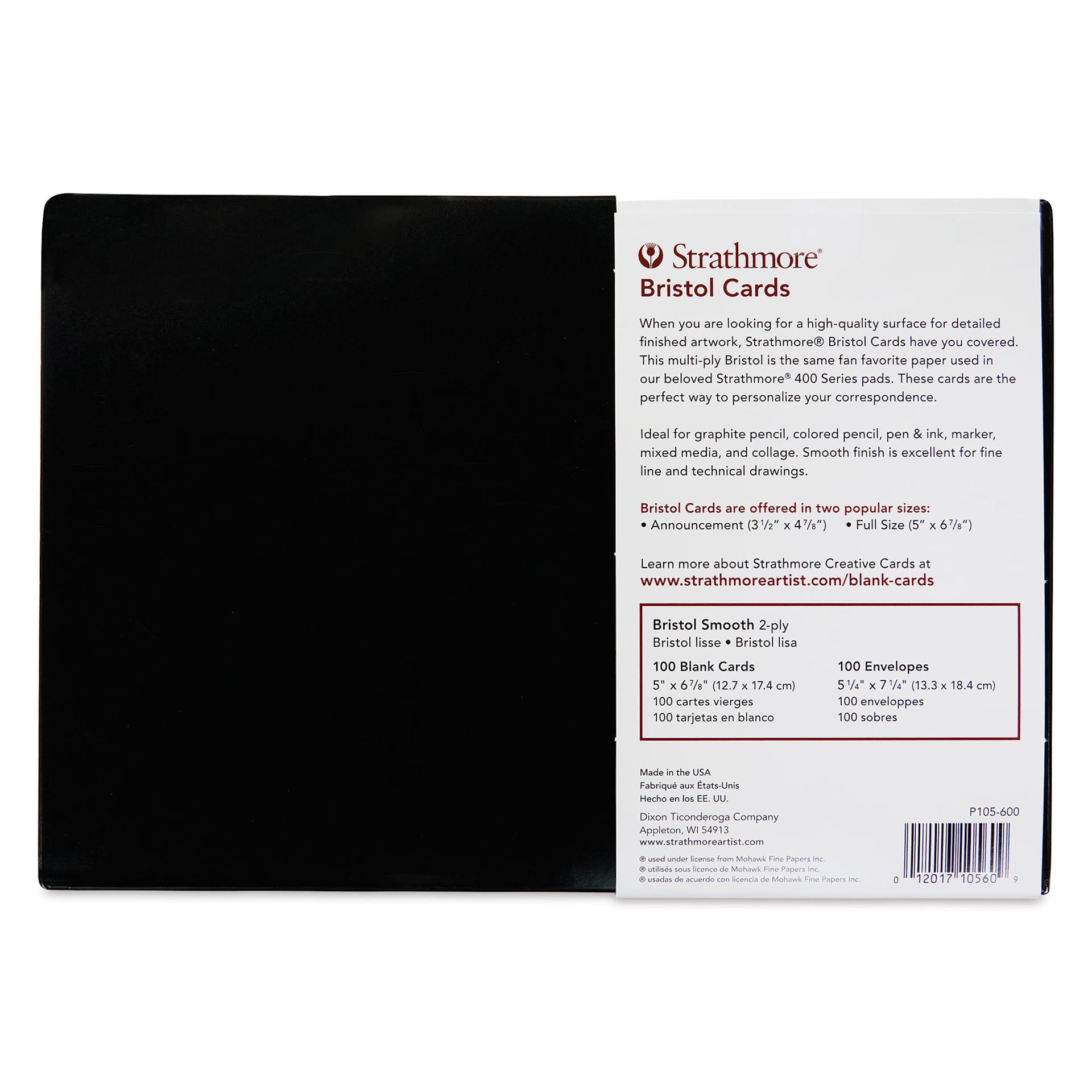 Strathmore 400 Series Bristol Cards and Envelopes - Full Size, Pkg of 100, back of the packaging