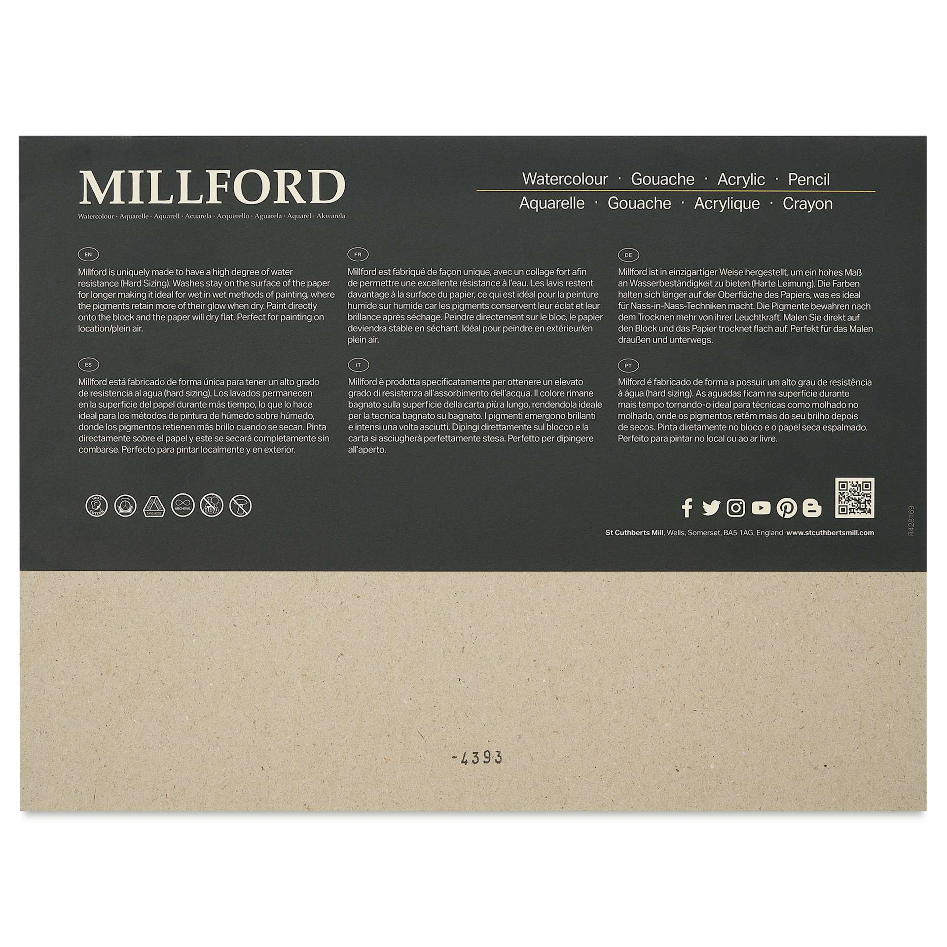 St Cuthbert's Millford Watercolor Paper Block - 9" x 12", Cold Press, 140 lb, 20 sheets, back of packaging