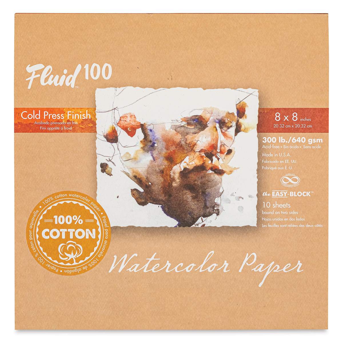 Fluid 100 Watercolor Paper Block - 8" x 8", Pkg of 10 Sheets, 300 lb, Cold Press