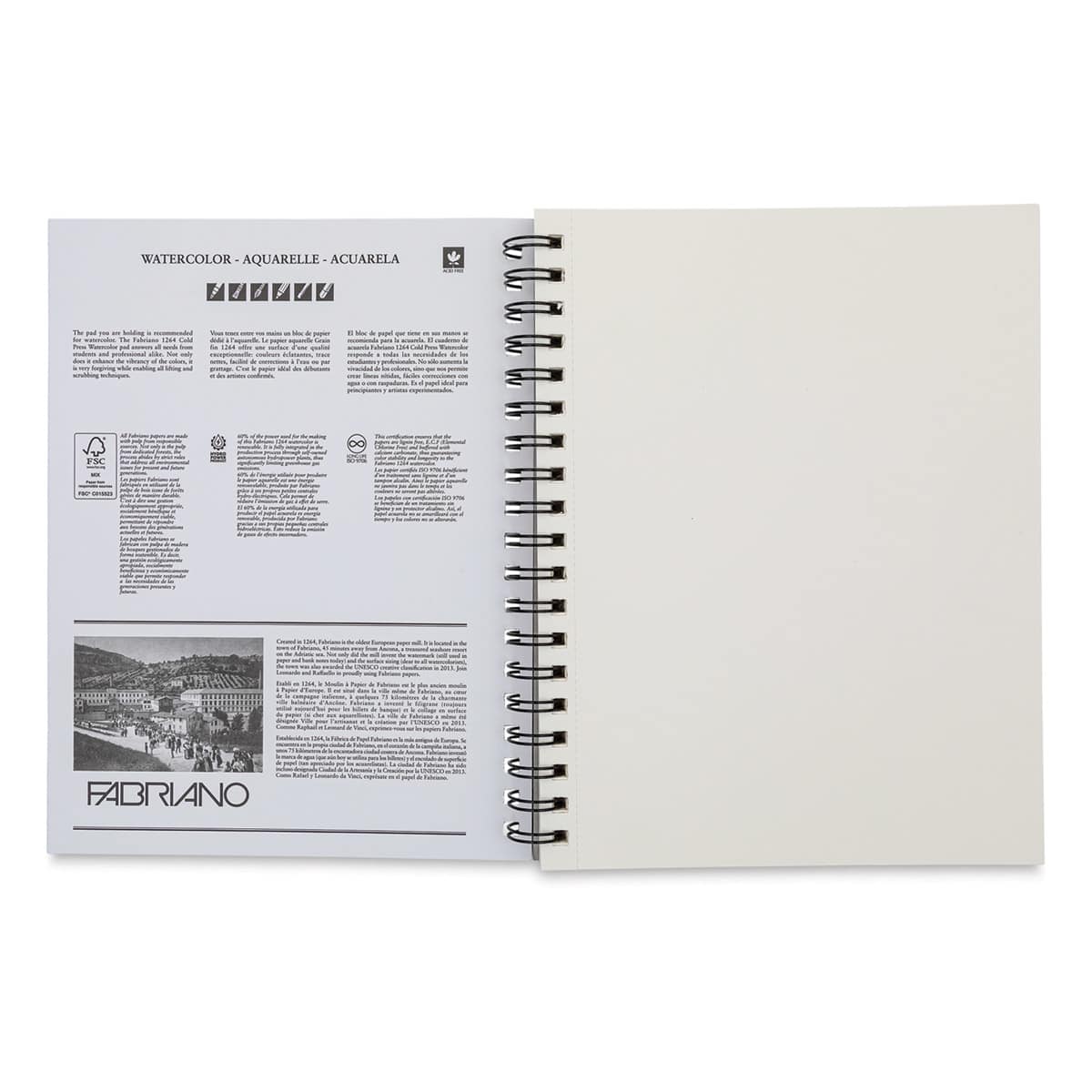 Fabriano 1264 Watercolor Pad, 7" x 10", Spiral, 30 Sheets, Portrait, Open