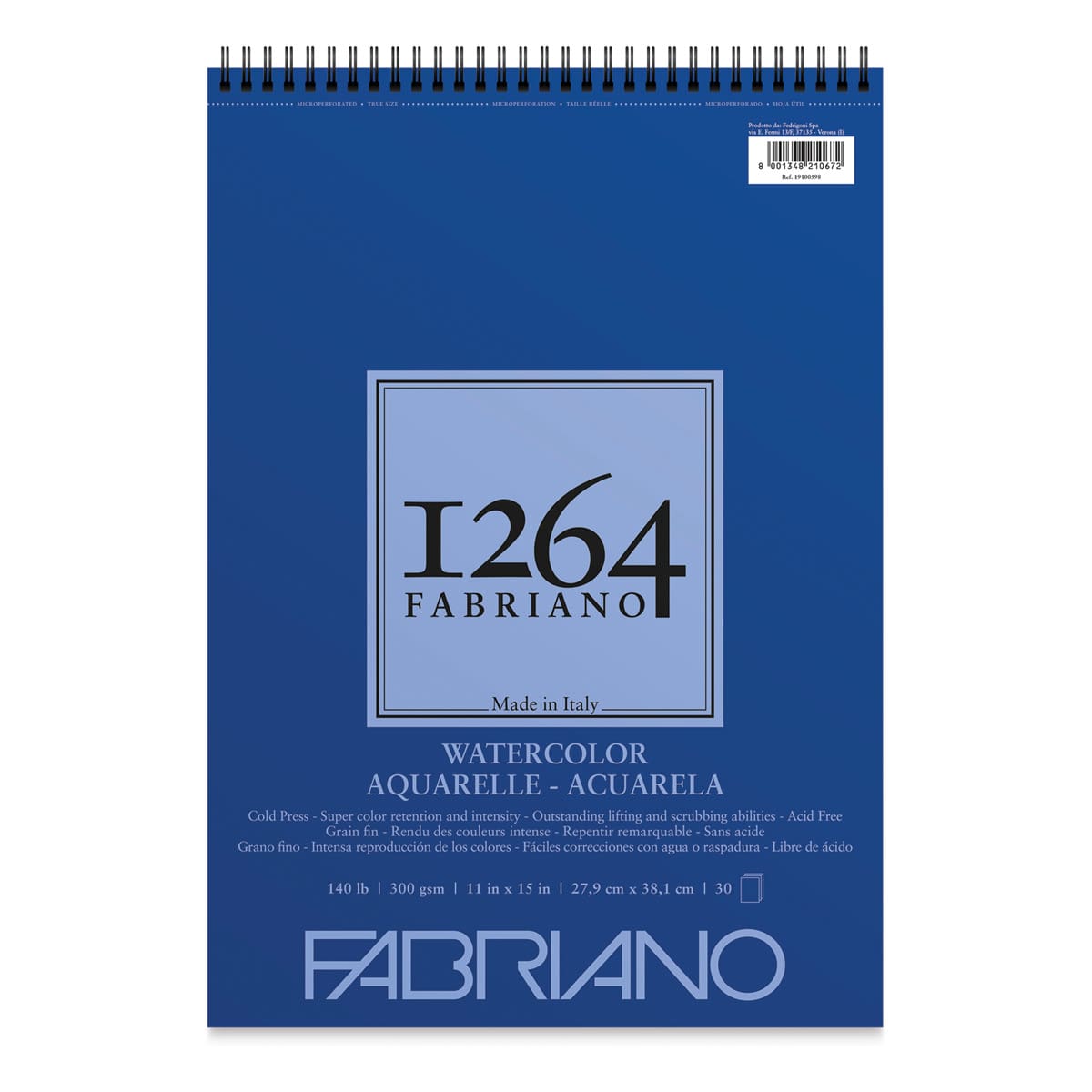 Fabriano 1264 Watercolor Pad, 11" x 15", Spiral, 30 Sheets, Portrait
