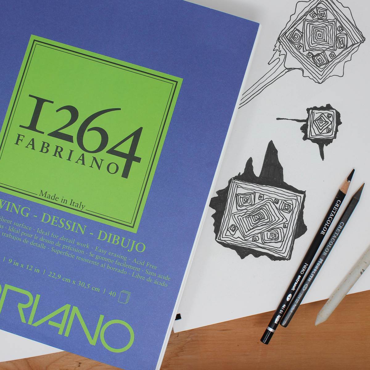 Fabriano 1264 Drawing Pad, 9 inx12 in, 90 lb, 40 Sheets