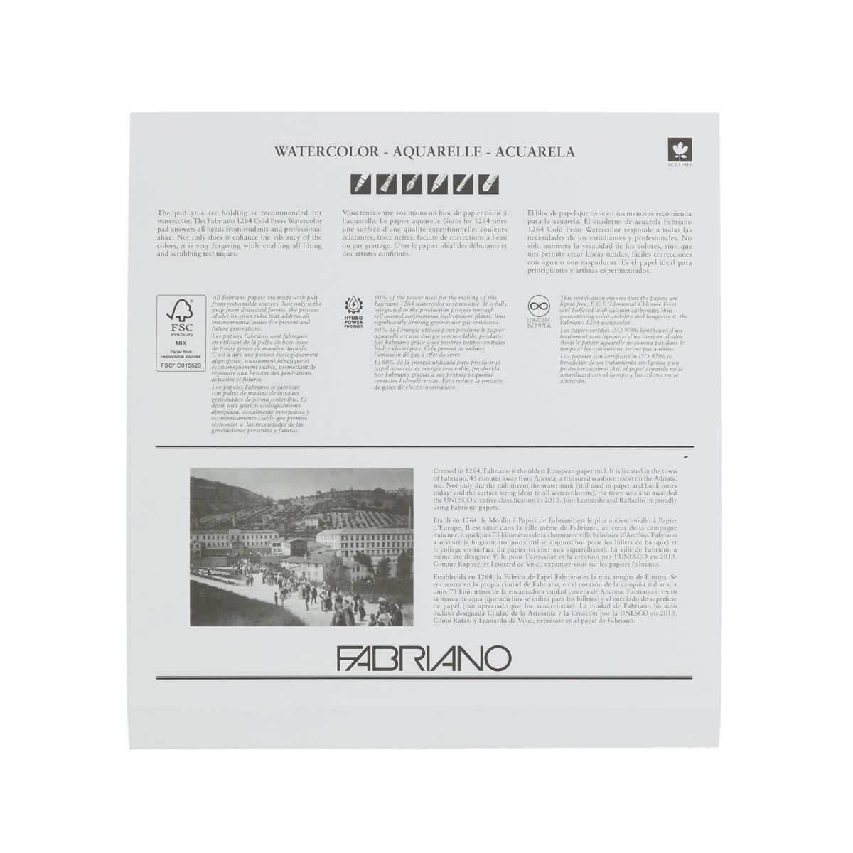 Fabriano 1264 Watercolor Pad, Glue Bound, 8”x8”, 140 lb, 30 Sheets