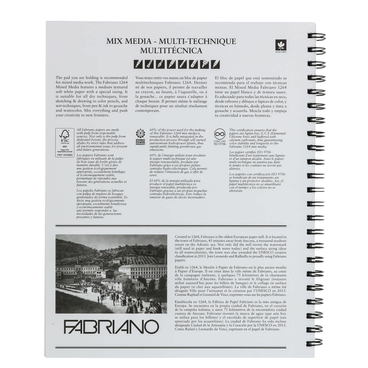Fabriano 1264 Mixed Media Pad, 9”x12”, 120 lb, 40 Sheets