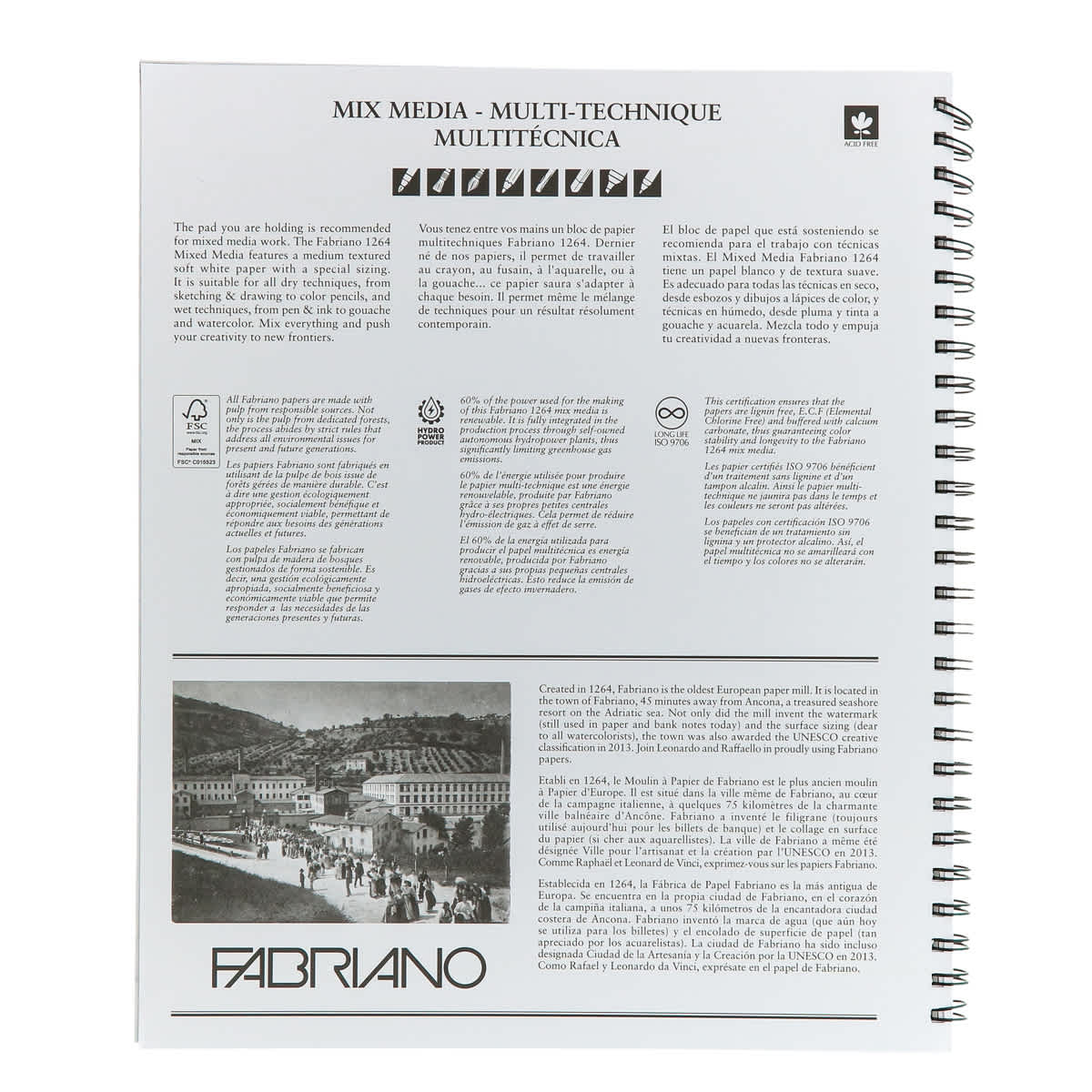 Fabriano 1264 Mixed Media Pad, 11”x14”, 120 lb, 40 Sheets
