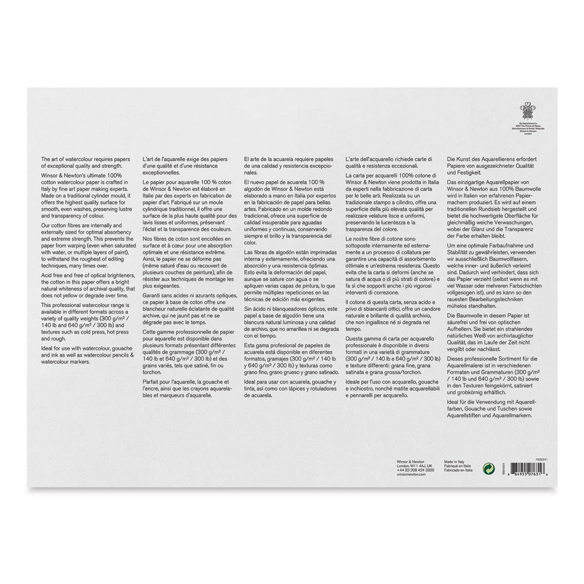Winsor & Newton Professional Watercolor Block - Back of Cold Press Block shown
