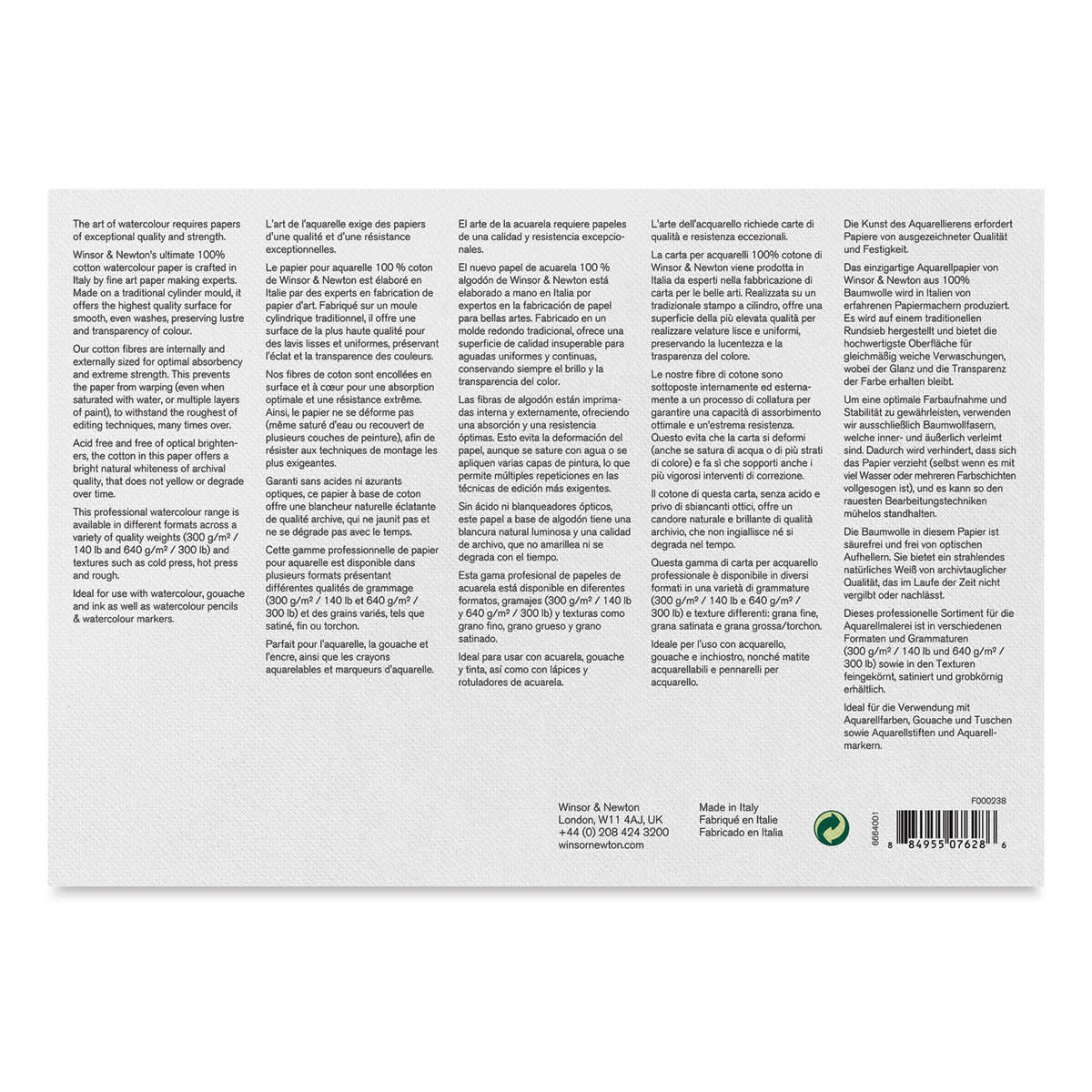 Winsor & Newton Professional Watercolor Block - 7" x 10", Cold Press (back of block)