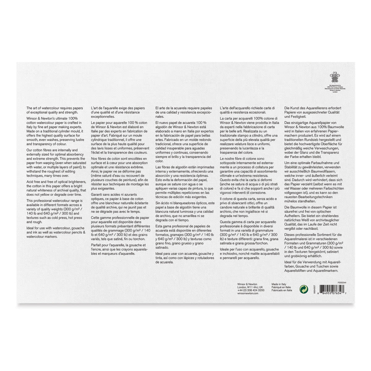 Winsor & Newton Professional Watercolor Block - 10" x 14", Hot Press (back of block)