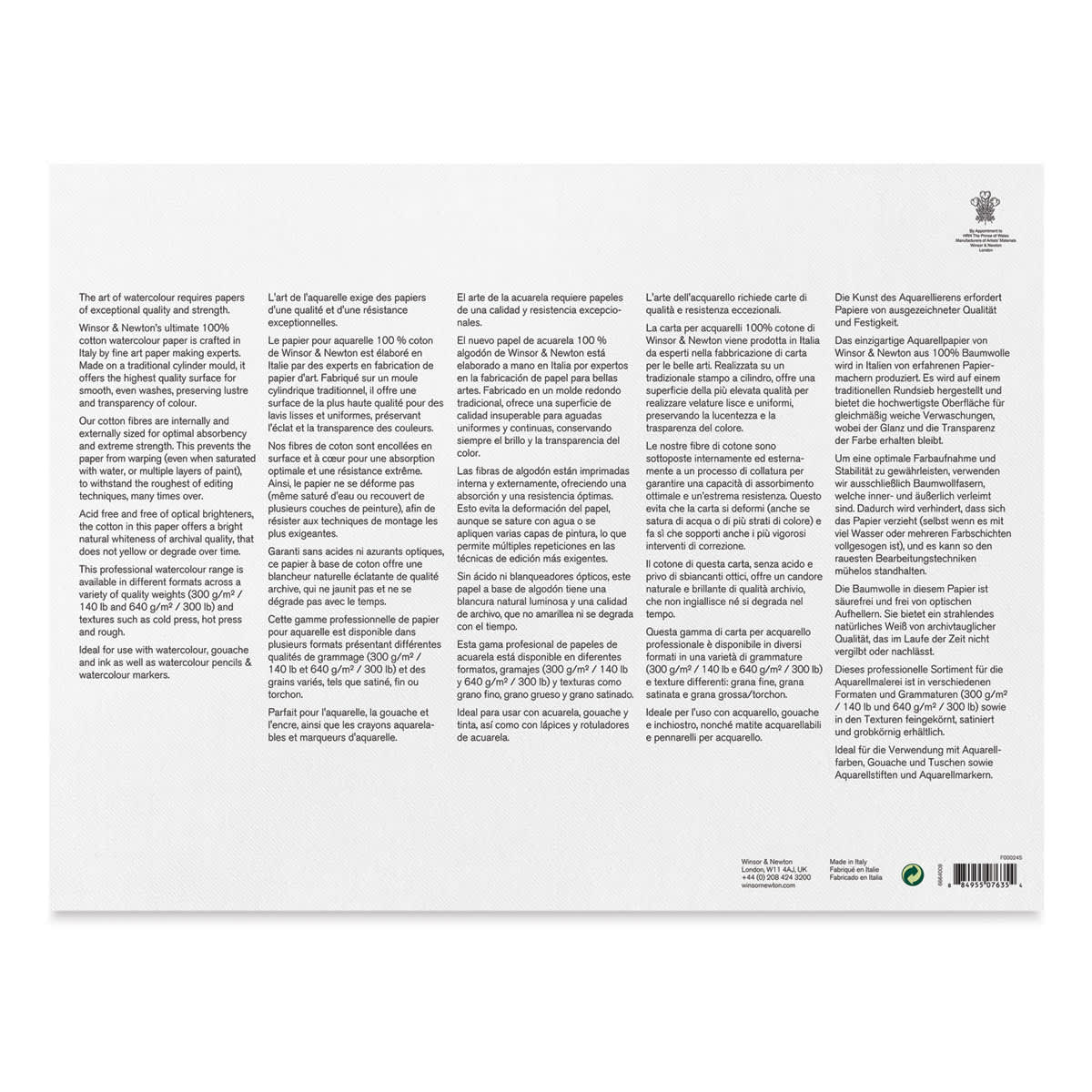 Winsor & Newton Professional Watercolor Block - 12" x 16", Hot Press (back of block)