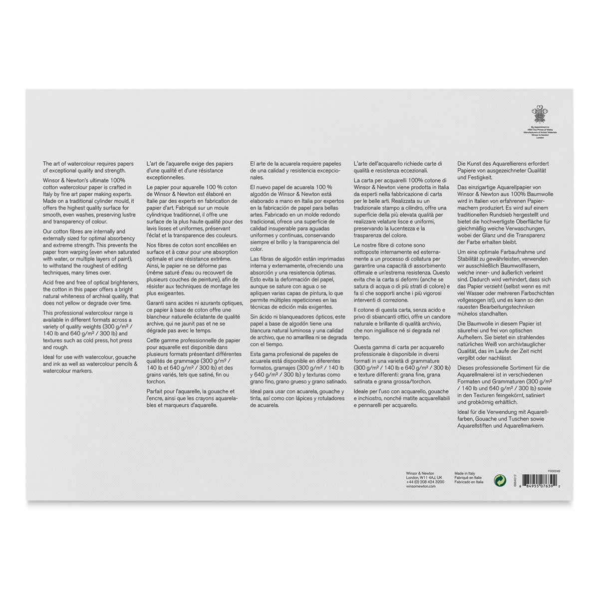 Winsor & Newton Professional Watercolor Block - 12" x 16", Rough Press (back of block)