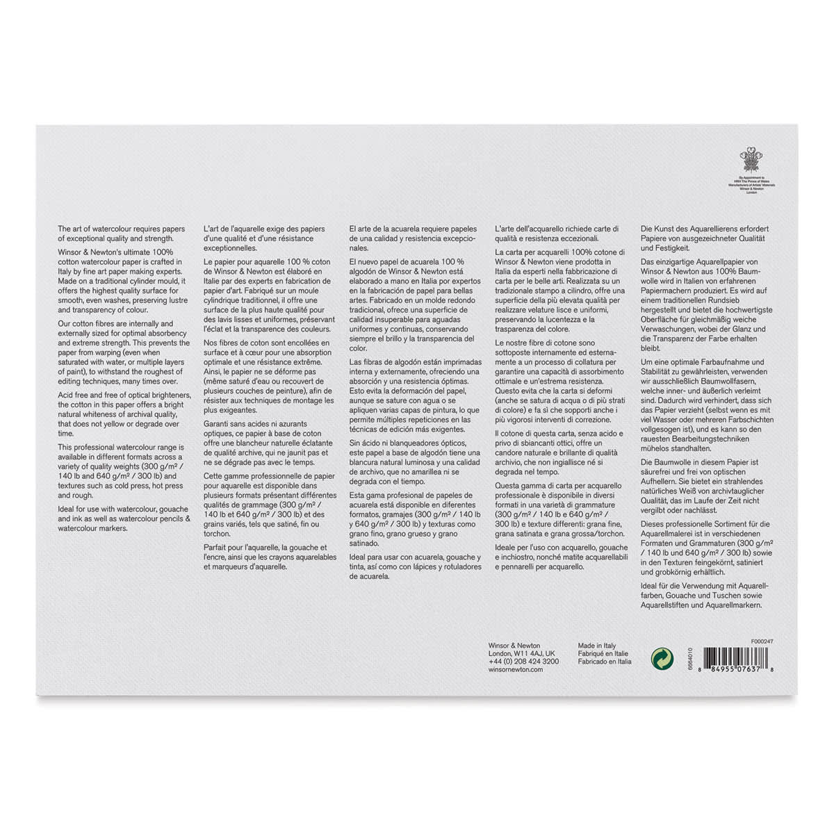 Winsor & Newton Professional Watercolor Block - 9" x 12", Rough Press (back of block)