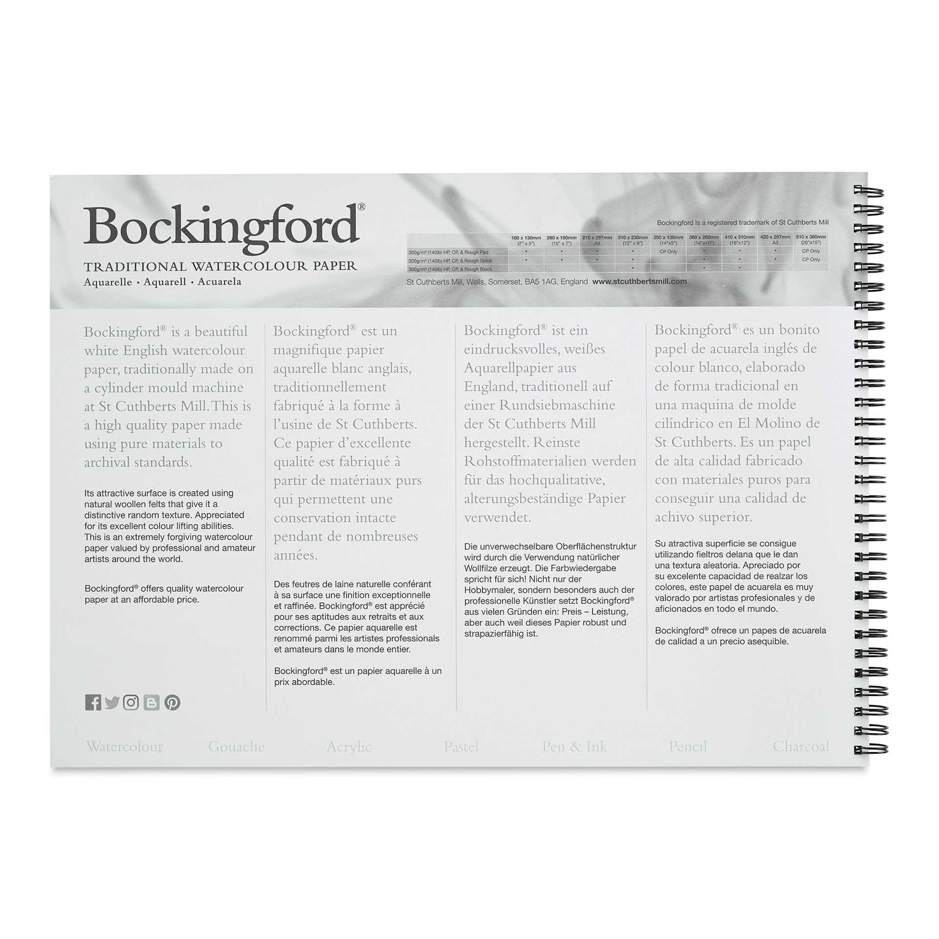 Bockingford Spiral Bound Watercolor Pad - 10" x 14", Cold Press (inside front cover)