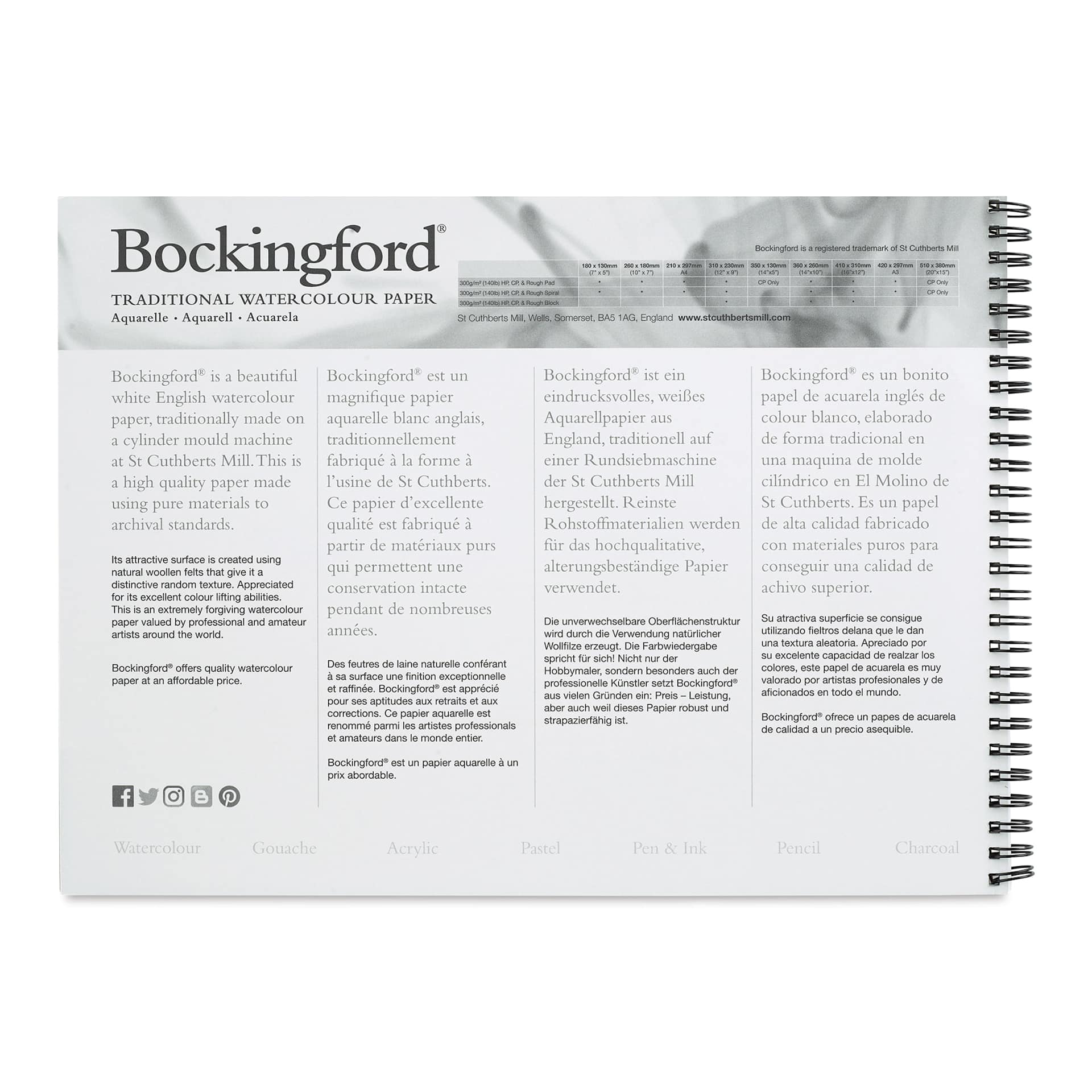 Bockingford Spiral Bound Watercolor Pad - 9" x 12", Cold Press (inside front cover)