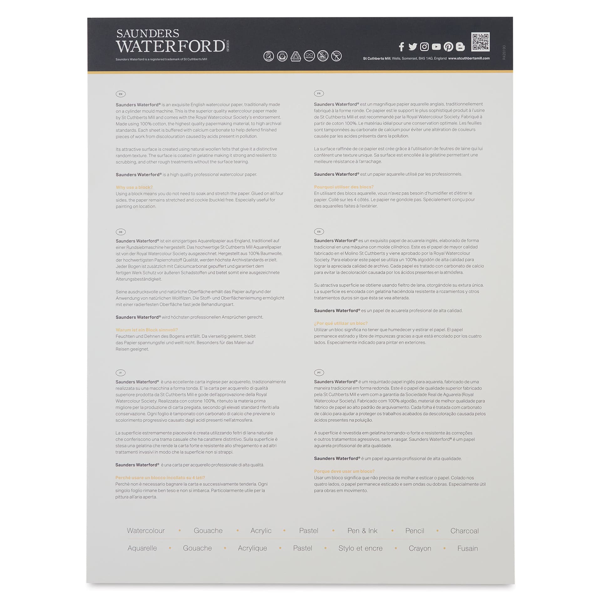 Saunders Waterford Watercolor Pad - 12" x 16", Cold Press, 140 lb, 12 Sheets (Back cover)