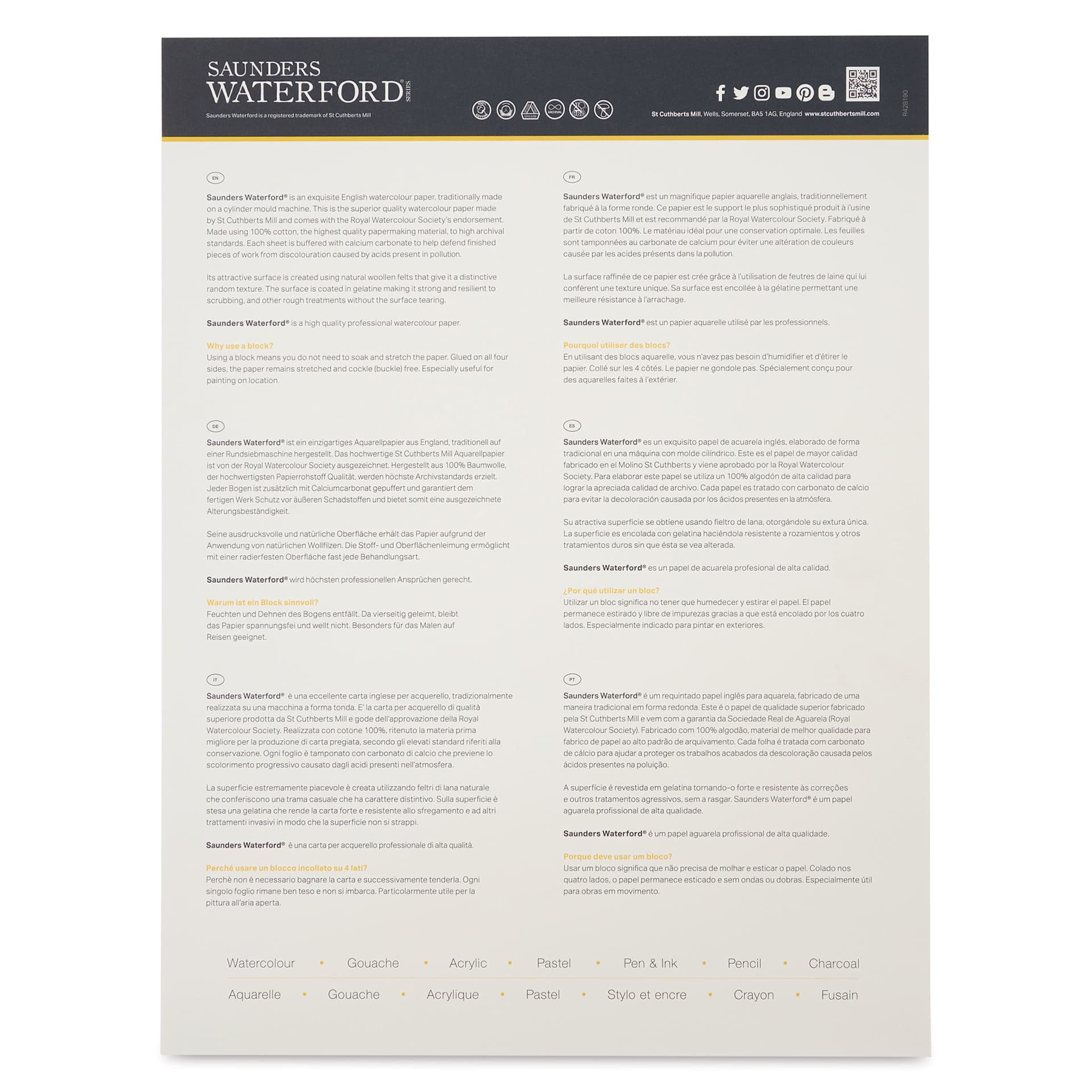 Saunders Waterford Watercolor Pad - 12" x 16", Rough, 140 lb, 12 Sheets (Back cover)