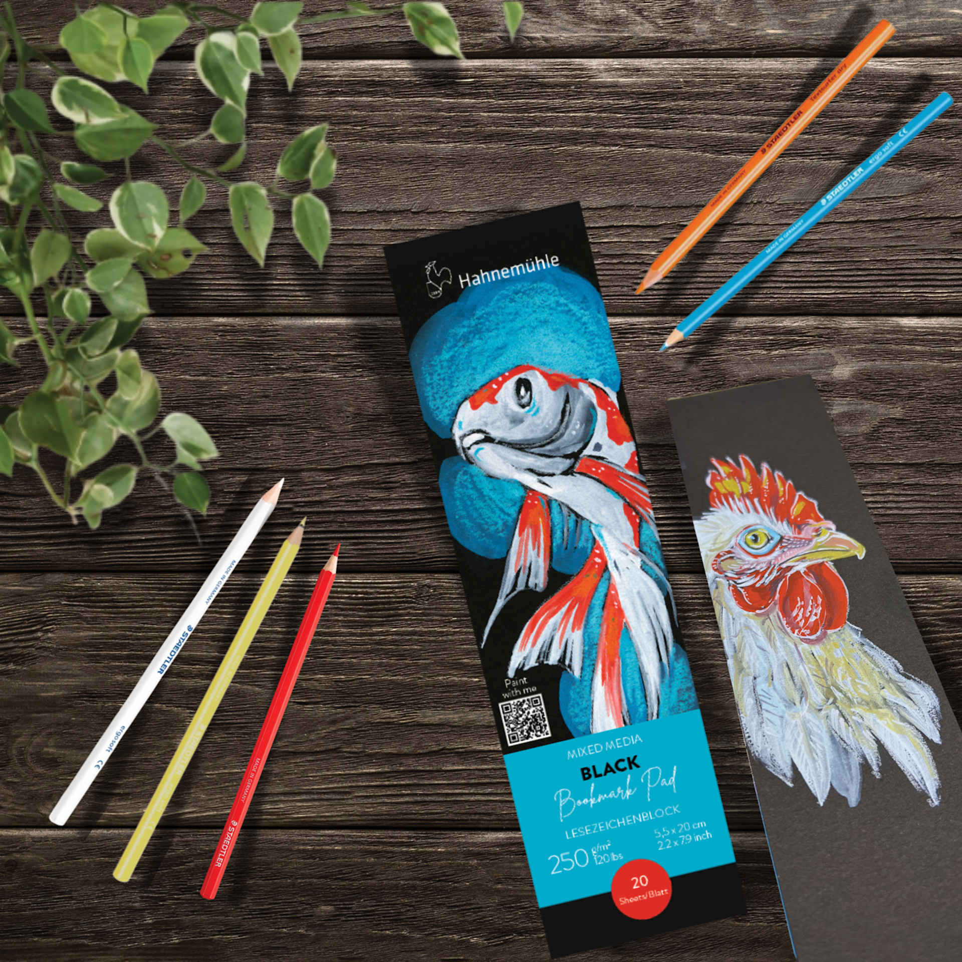 Hahnemühle Black Mixed Media Bookmark Pad with colored pencils and sketch