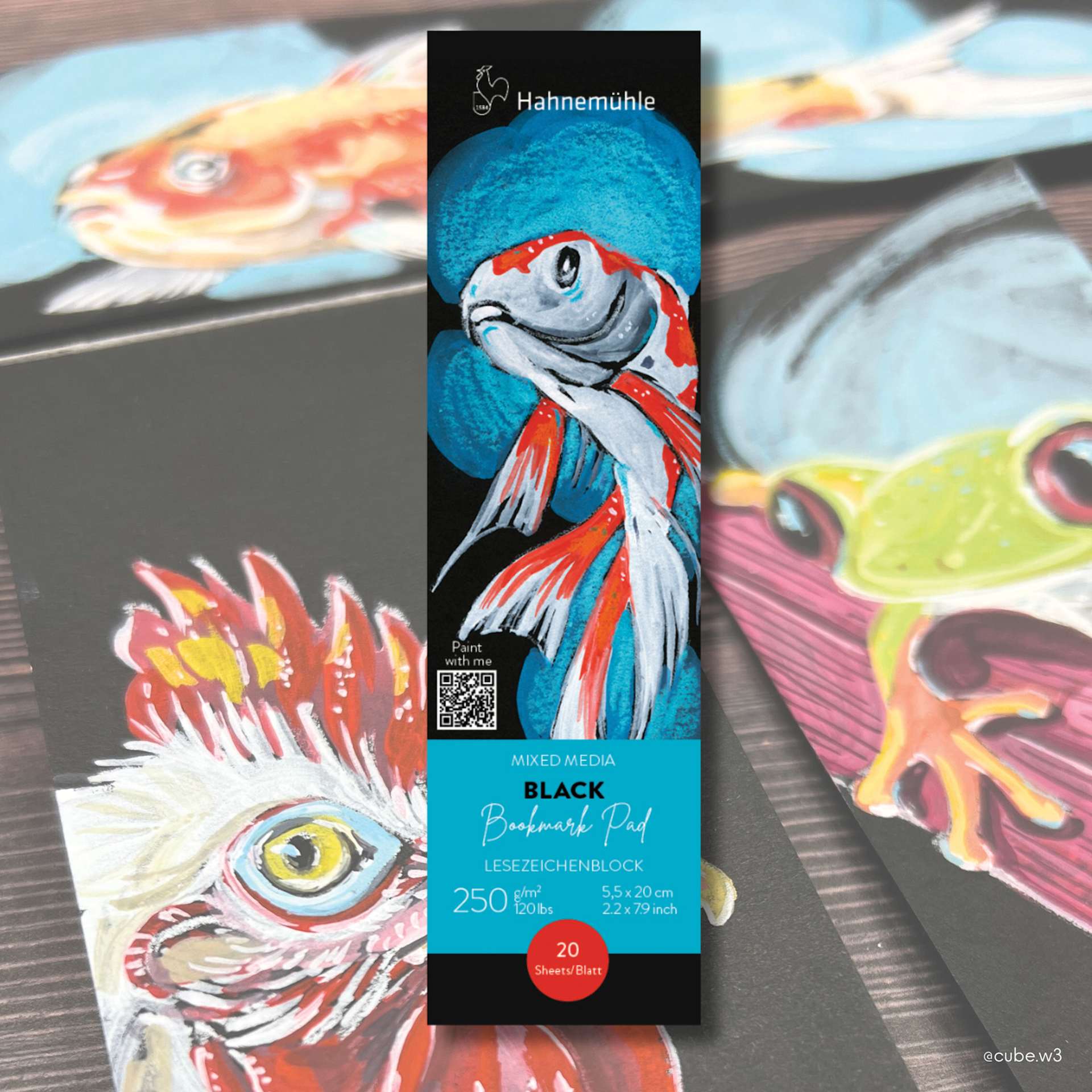 Hahnemühle Black Mixed Media Bookmark Pad, packaging against sketches