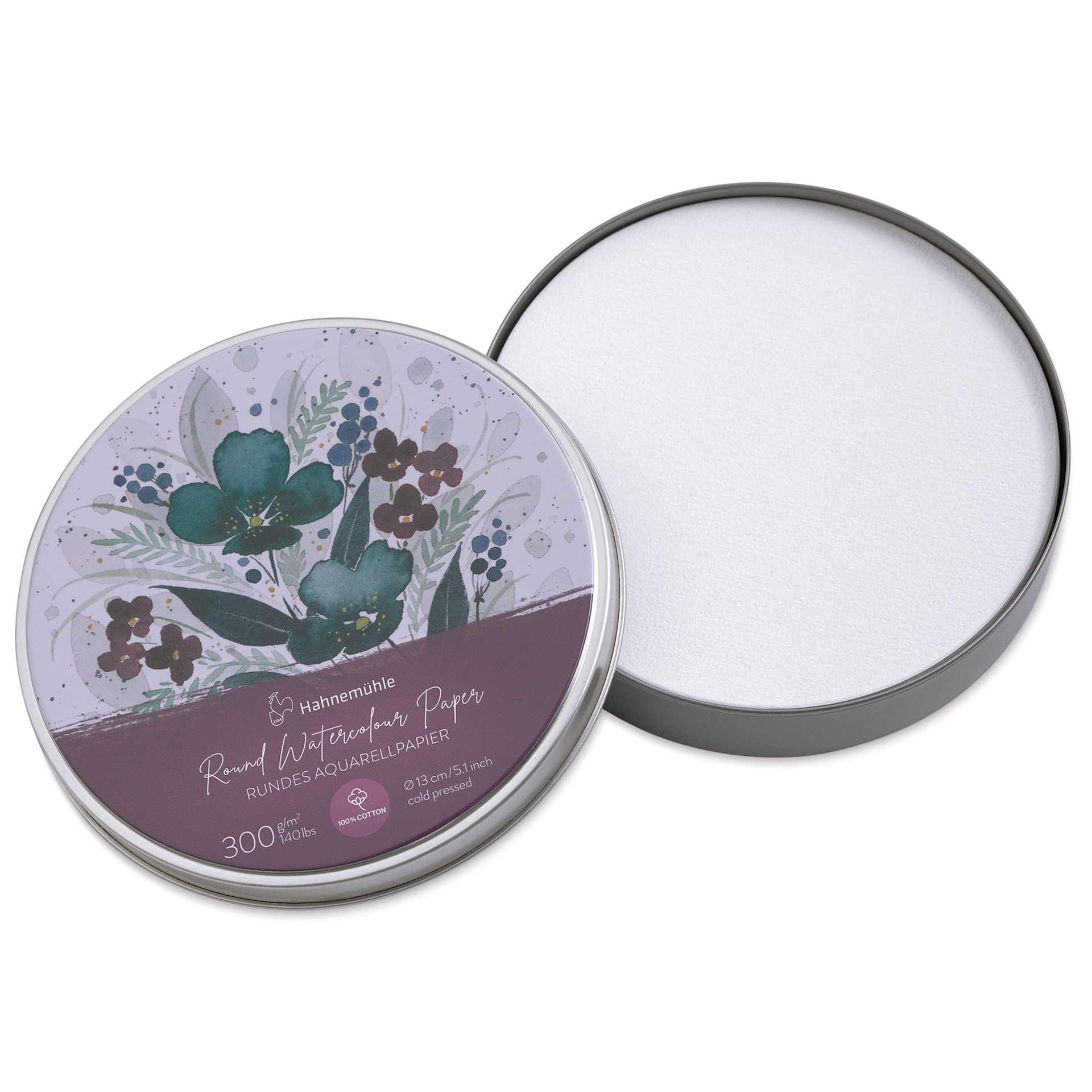Hahnemühle Round Watercolor Paper Pack, lid of the container removed showing round sheets inside