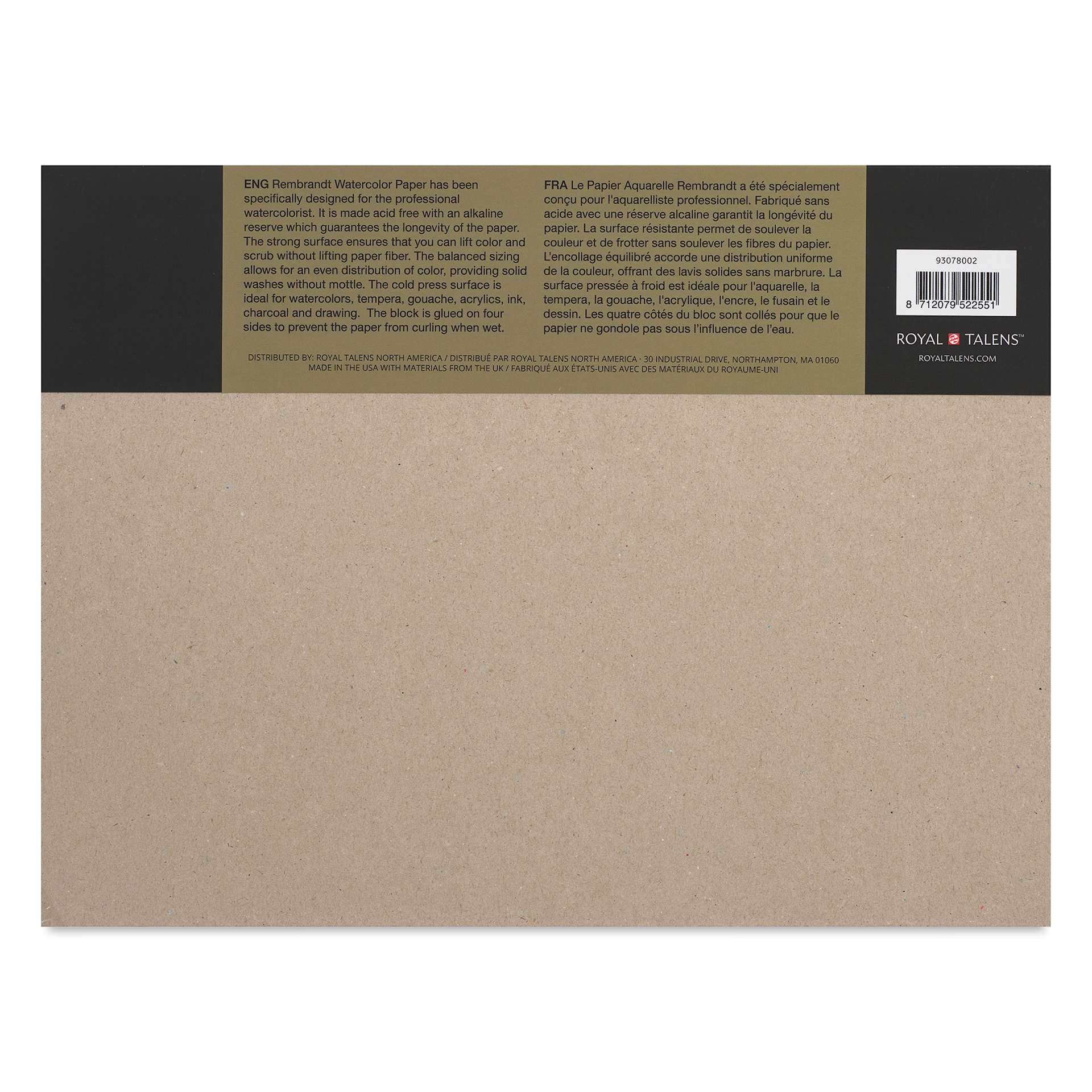 Rembrandt 100% Cotton Watercolor Paper Block - 9" x 12", back cover