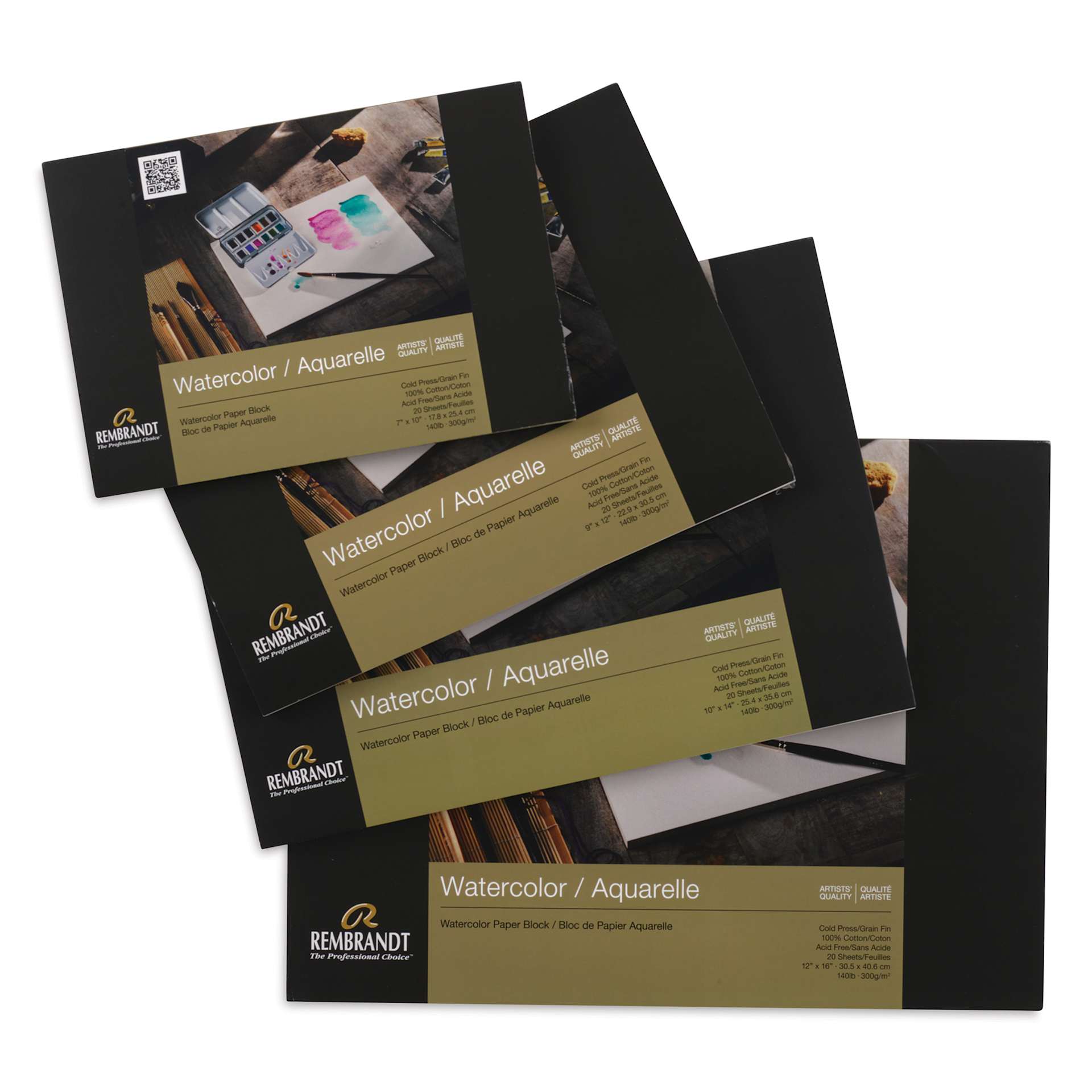 Rembrandt 100% Cotton Watercolor Paper Blocks, various sizes laid out