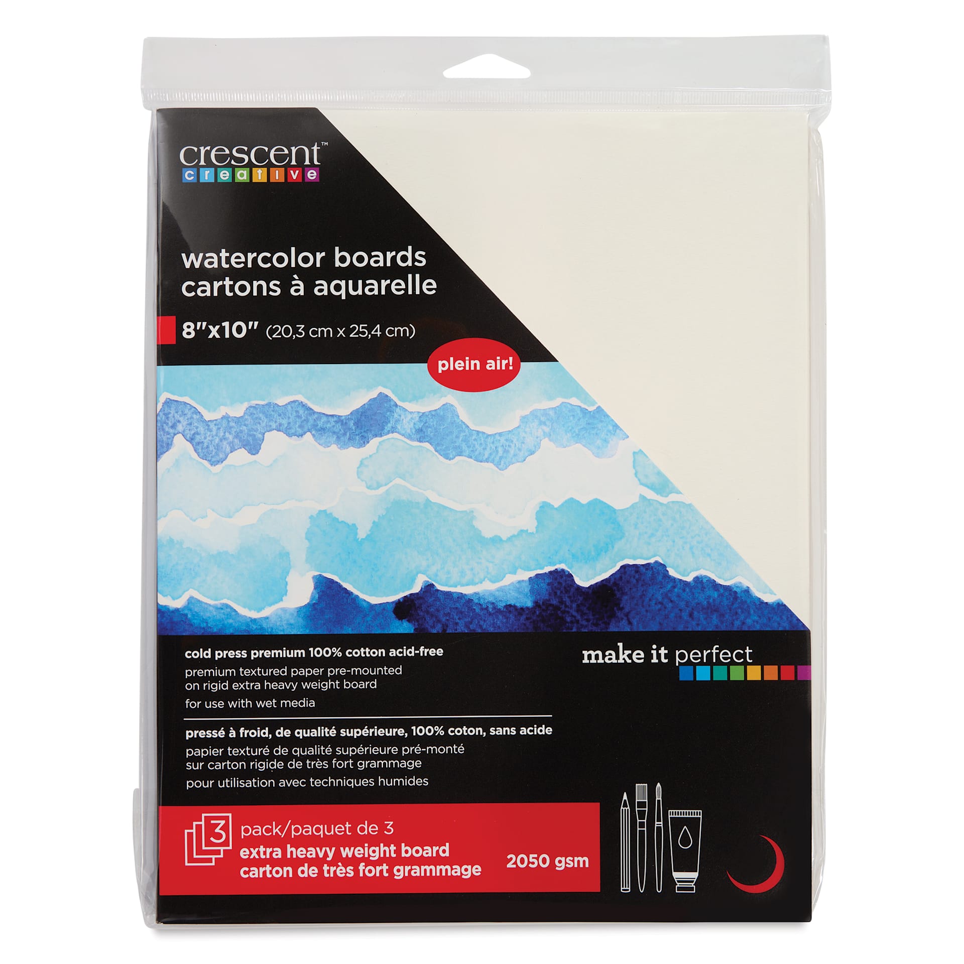 Crescent Watercolor Board - 8" x 10", Pkg of 3, front of the pack