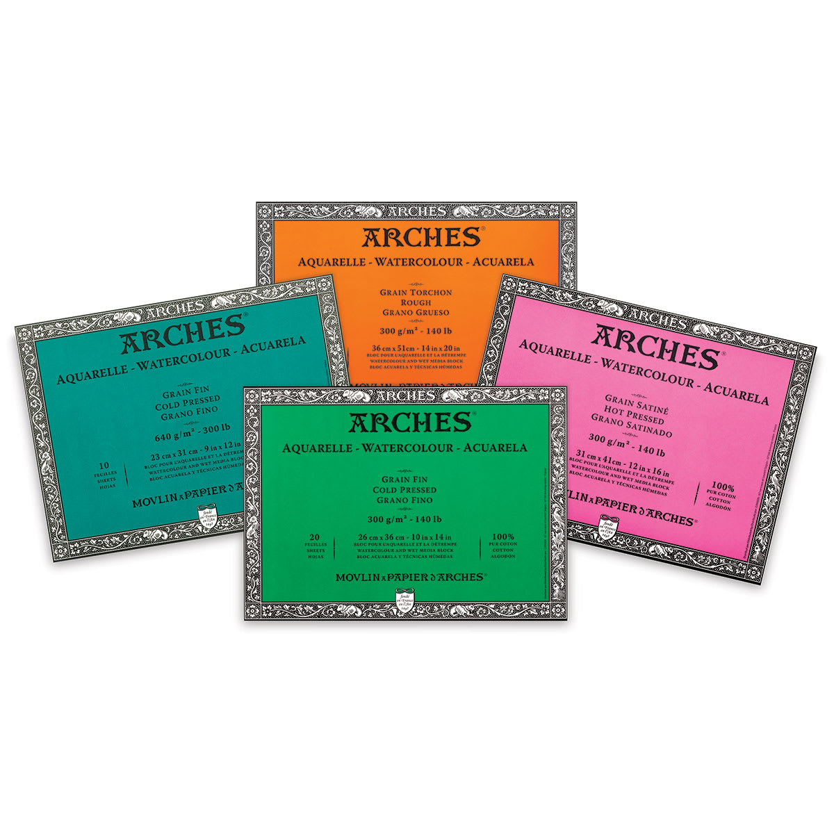 Arches Watercolor Blocks. Fronts of four blocks of rough, cold, and hot press finishes.