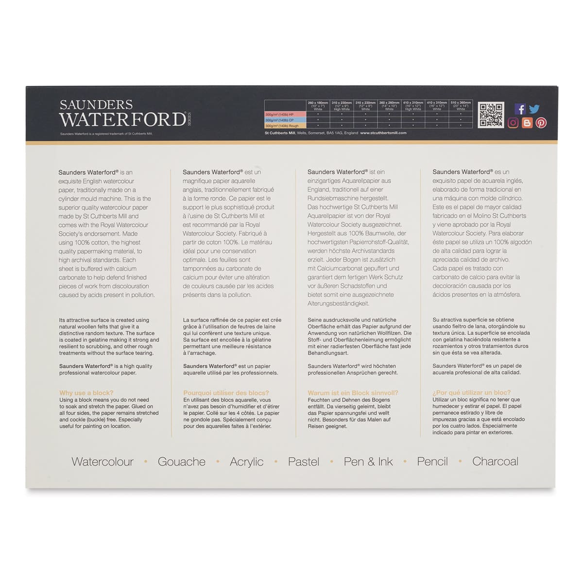 Saunders Waterford Watercolor Block - 12" x 16", Hot Press, 140 lb, 20 Sheets (back cover)
