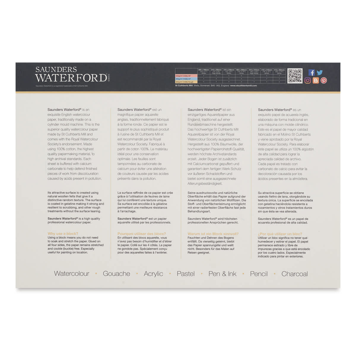 Saunders Waterford Watercolor Block - 7" x 10", Hot Press, 140 lb, 20 Sheets (back cover)
