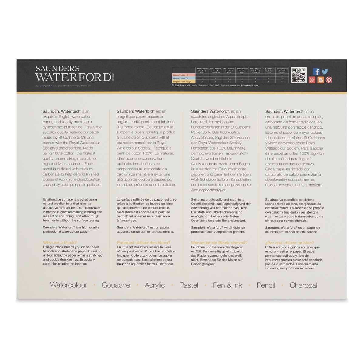 Saunders Waterford Watercolor Block - 10" x 14", Cold Press, 140 lb, 20 Sheets (back cover)