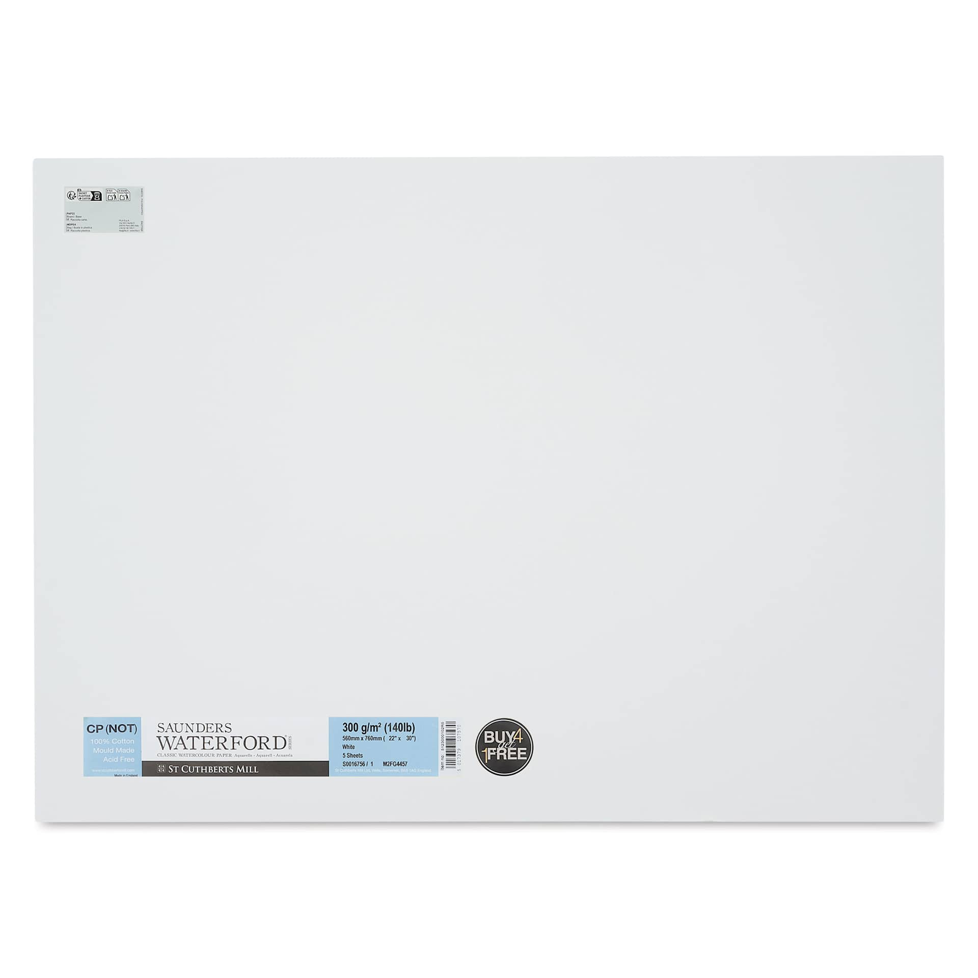 Saunders Waterford Watercolor Paper - Pkg of 5 Sheets, 22" x 30", White, 140 lb, Cold Press, front of packaging
