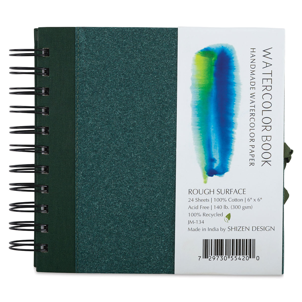Shizen Watercolor Journals - Front view of 6" x 6" Rough Press with green cover