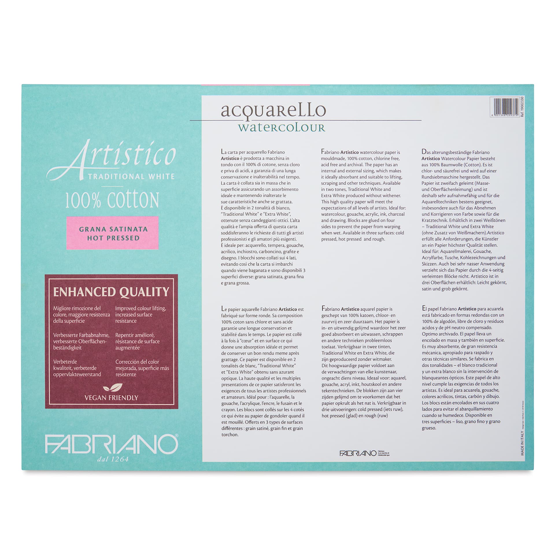 Fabriano Artistico Enhanced Watercolor Block - Traditional White, Hot Press, 9" x 12", back cover