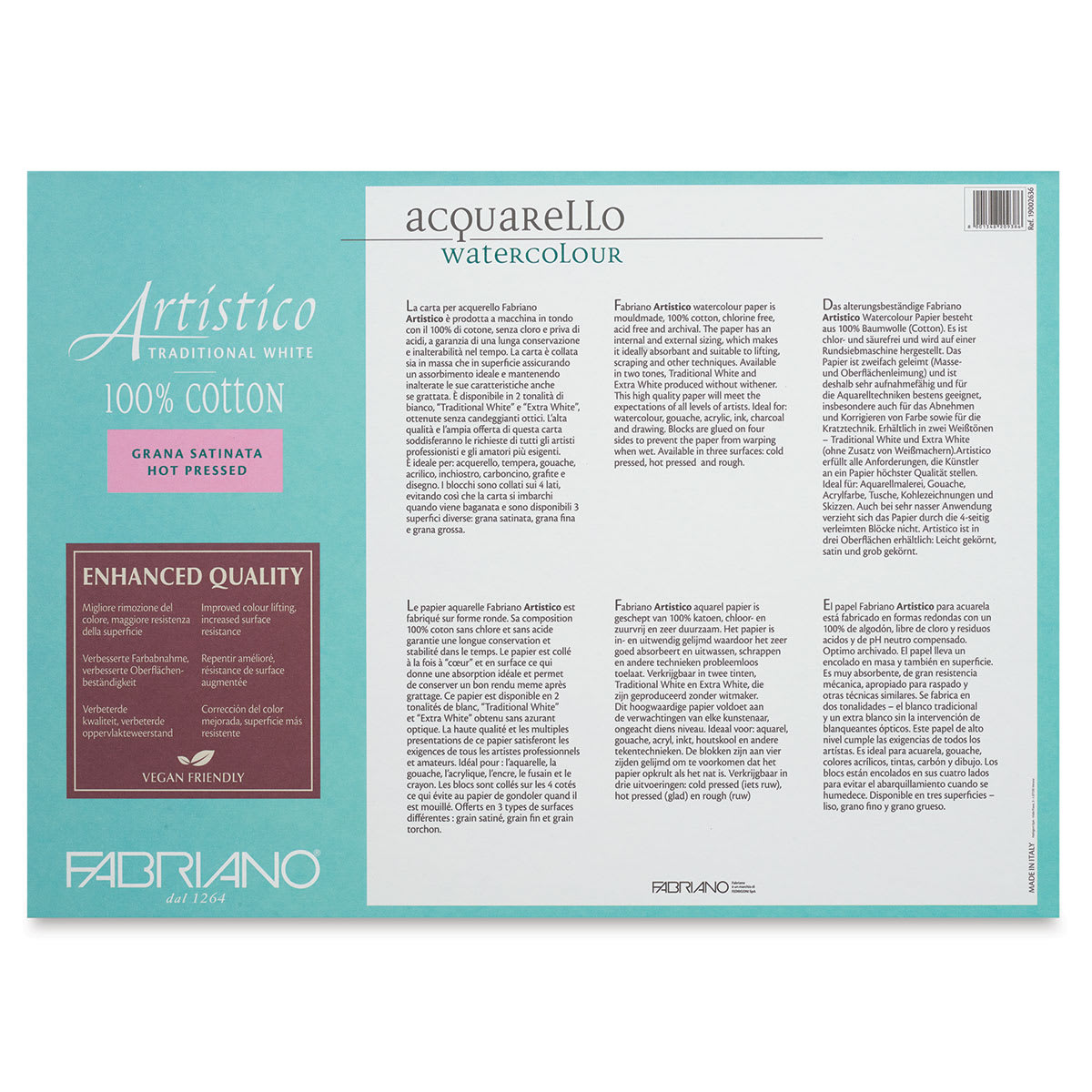 Fabriano Artistico Enhanced Watercolor Block - Traditional White, Hot Press, 10" x 14" (back)