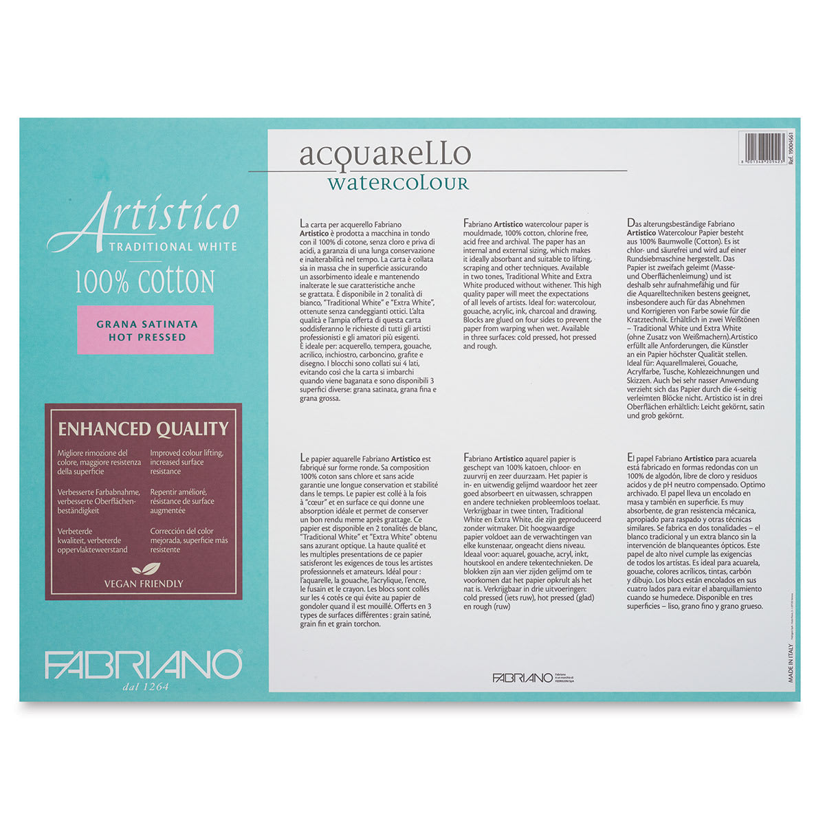 Fabriano Artistico Enhanced Watercolor Block - Traditional White, Hot Press, 18" x 24" (back)