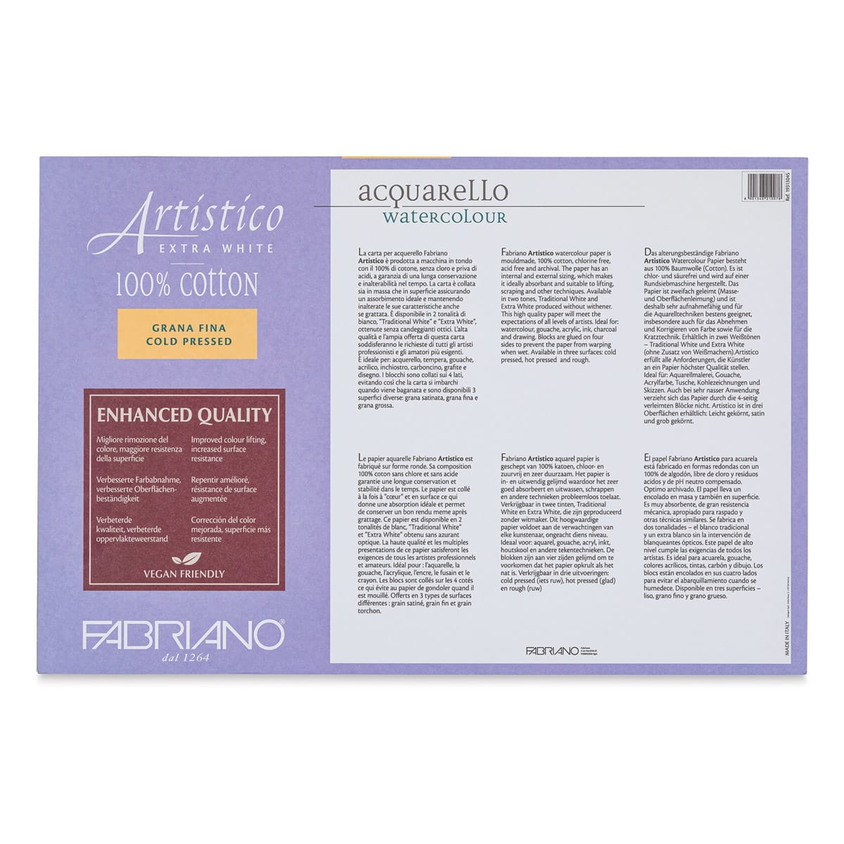 Fabriano Artistico Enhanced Watercolor Block - Extra White, Cold Press, 12" x 18" (back)