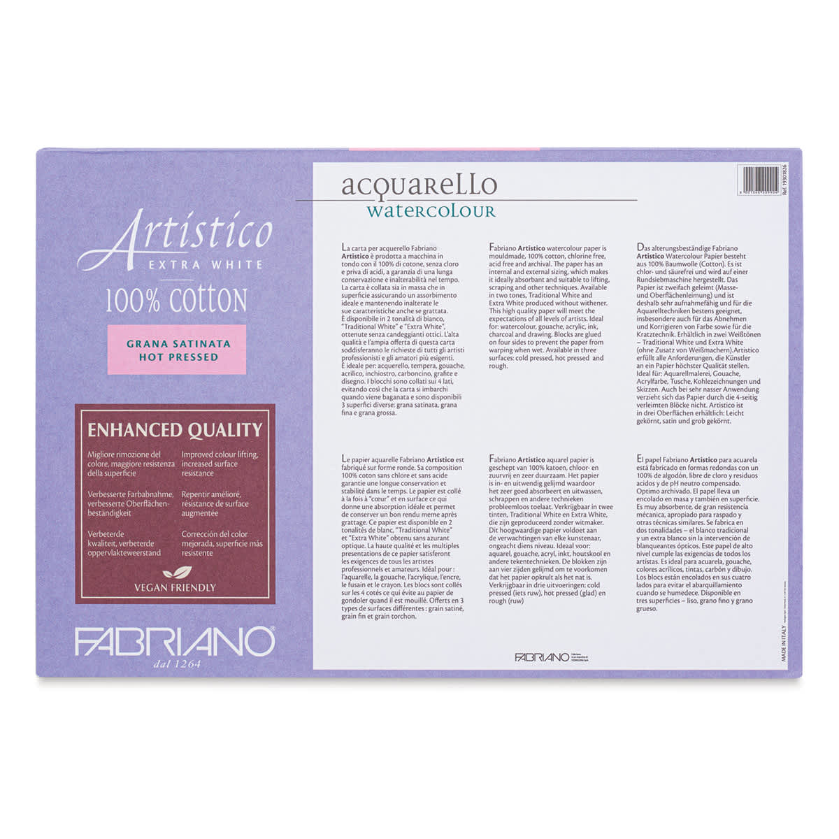 Fabriano Artistico Enhanced Watercolor Block - Extra White, Hot Press, 7" x 10" (back)