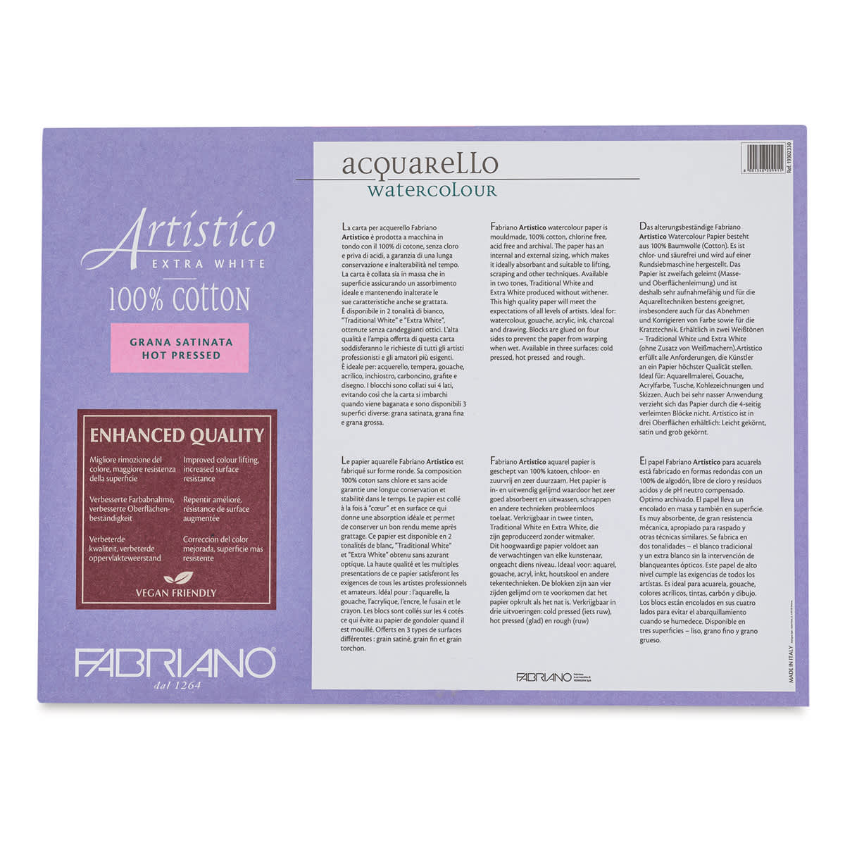 Fabriano Artistico Enhanced Watercolor Block - Extra White, Hot Press, 9" x 12" (back)