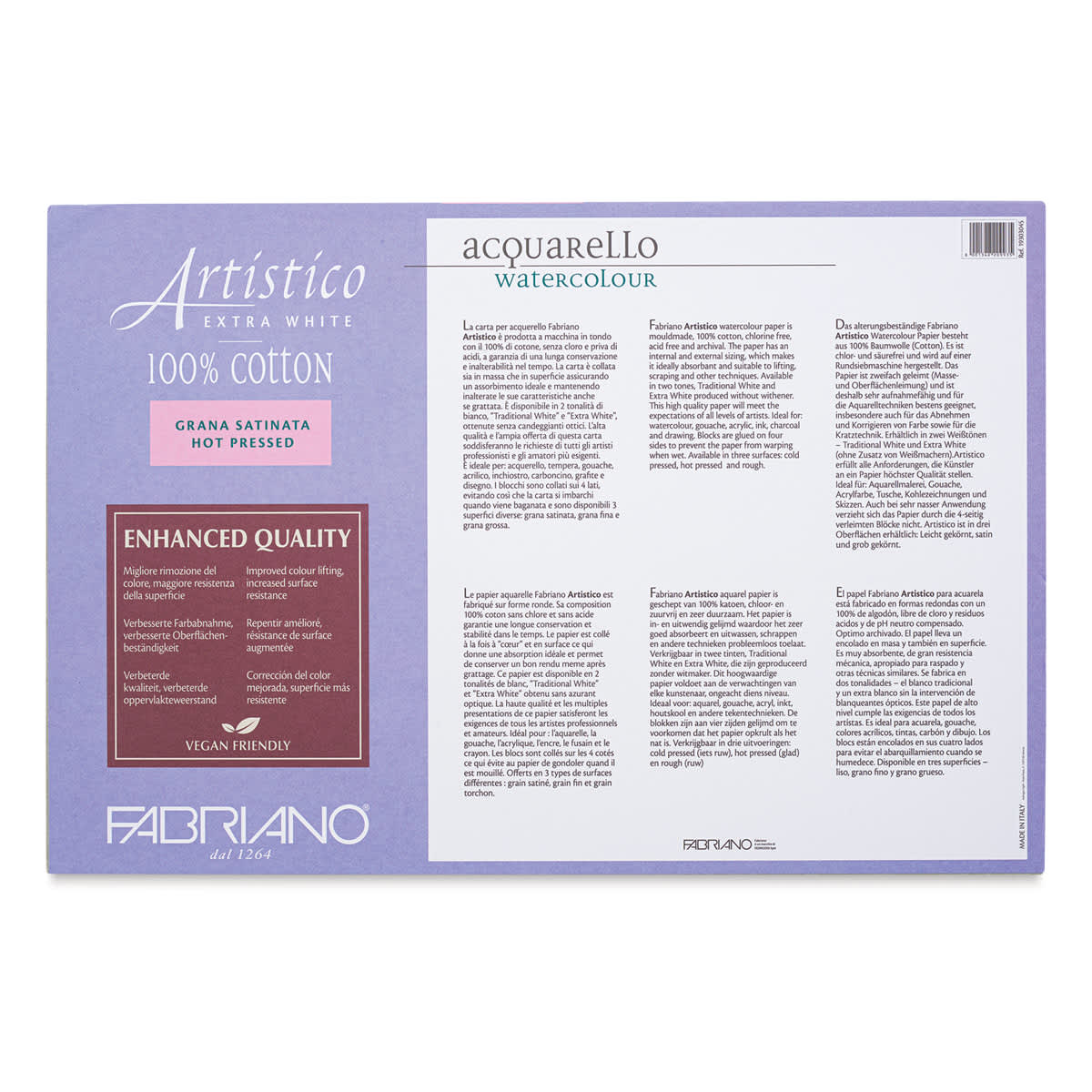 Fabriano Artistico Enhanced Watercolor Block - Extra White, Hot Press, 12" x 18" (back)