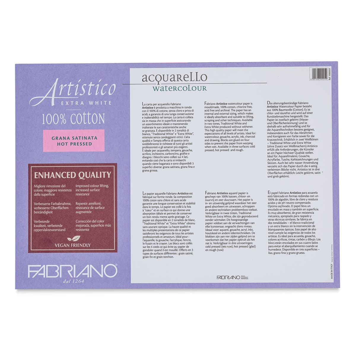 Fabriano Artistico Enhanced Watercolor Block - Extra White, Hot Press, 14" x  20" (back)