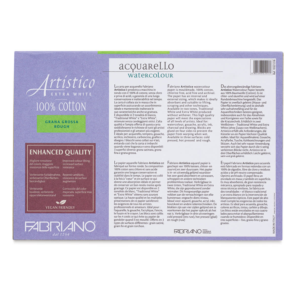 Fabriano Artistico Enhanced Watercolor Block - Extra White, Rough Press, 5" x 7" (back)