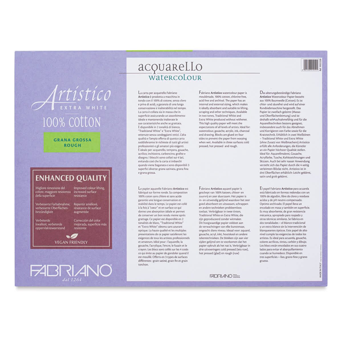 Fabriano Artistico Enhanced Watercolor Block - Extra White, Rough Press, 9" x 12" (back)