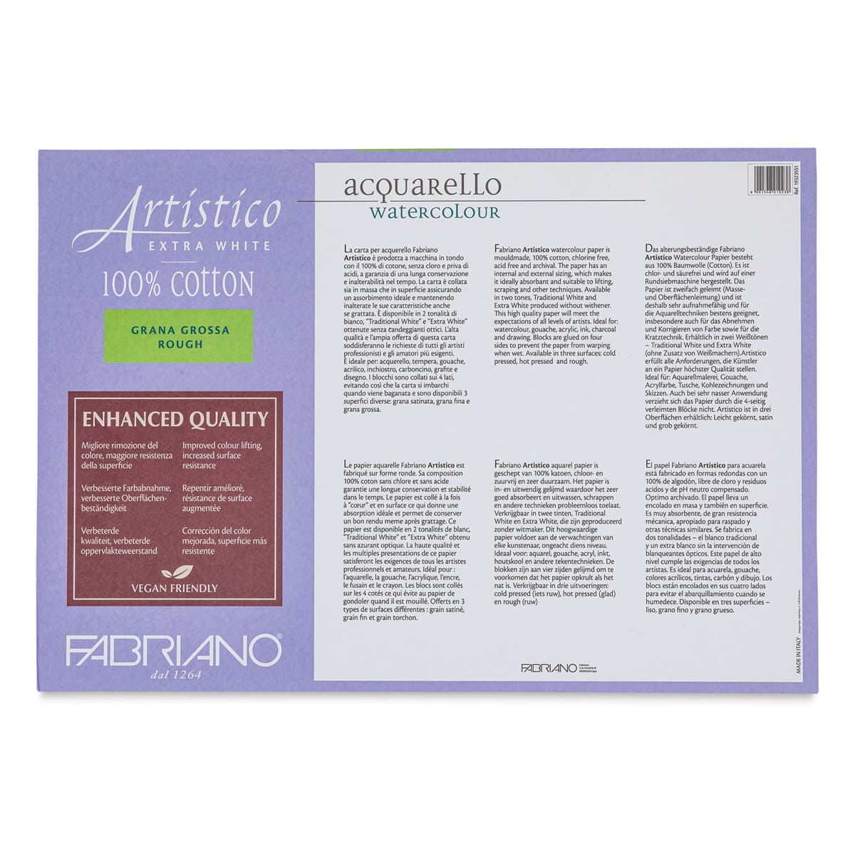 Fabriano Artistico Enhanced Watercolor Block - Extra White, Rough Press, 14" x  20" (back)