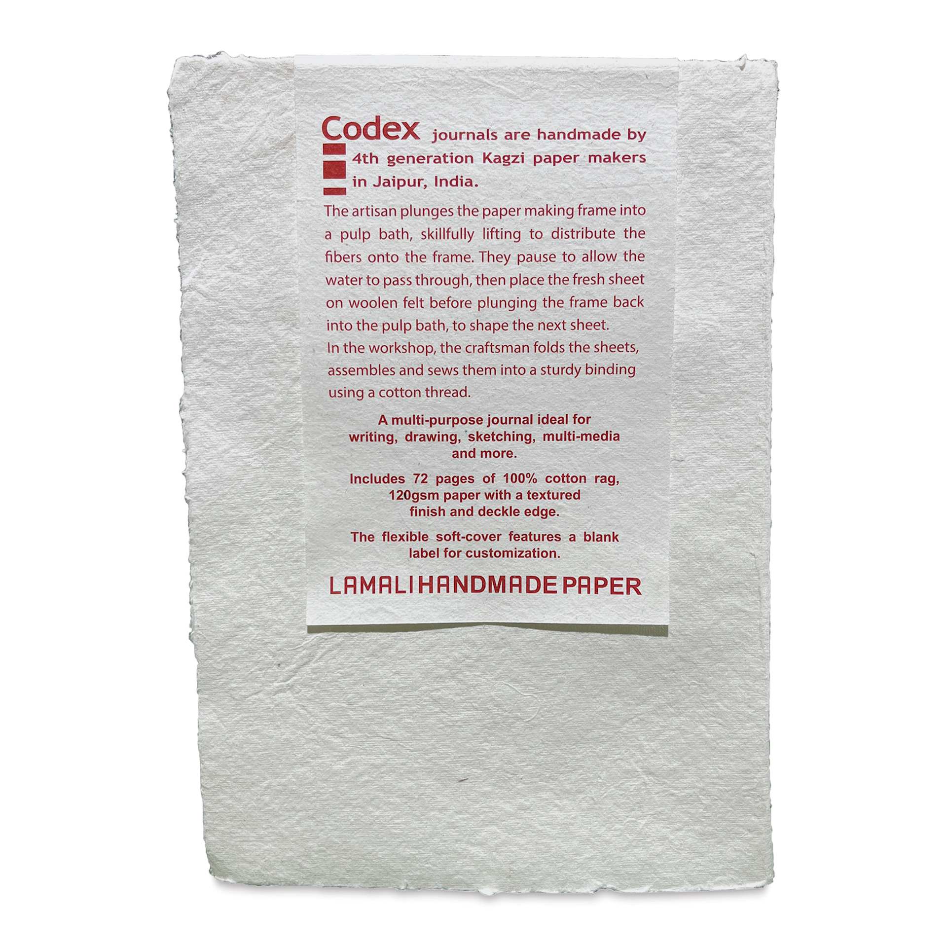 Lamali Codex Soft Cover Handmade Journal - 5-9/10" x 8-3/10", White Cotton, back cover