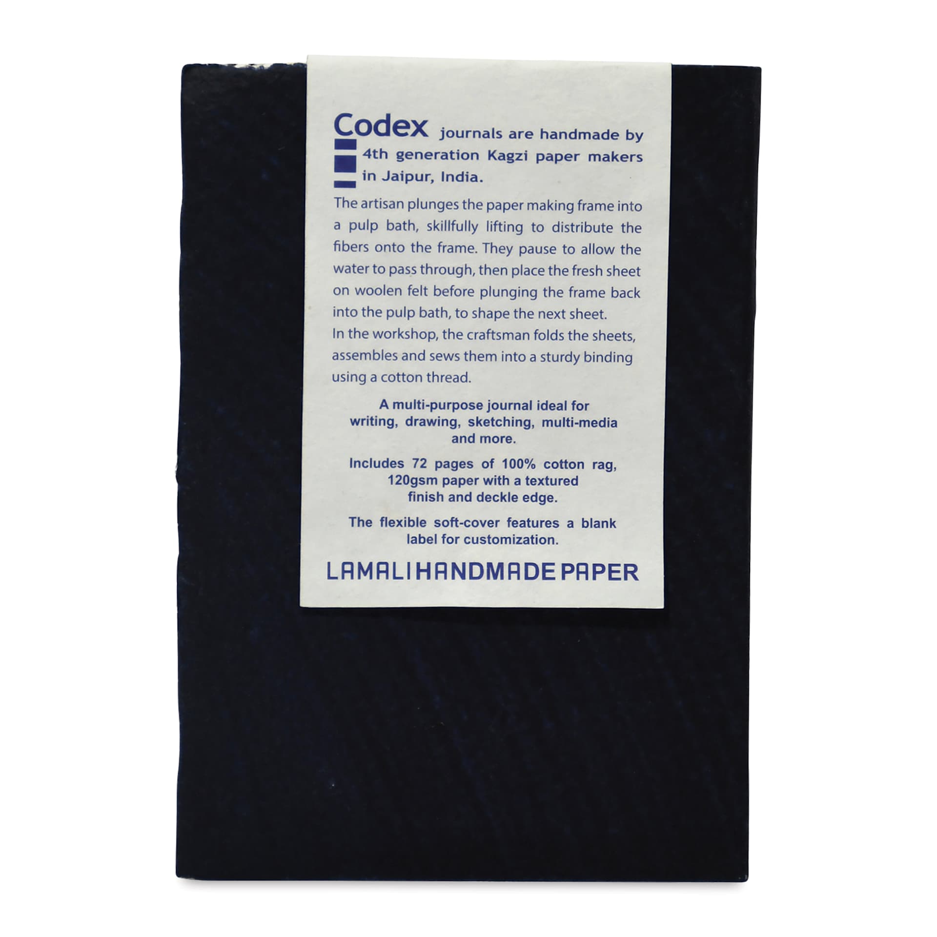 Lamali Codex Soft Cover Handmade Journal - 5-9/10" x 8-3/10", Indigo, back cover