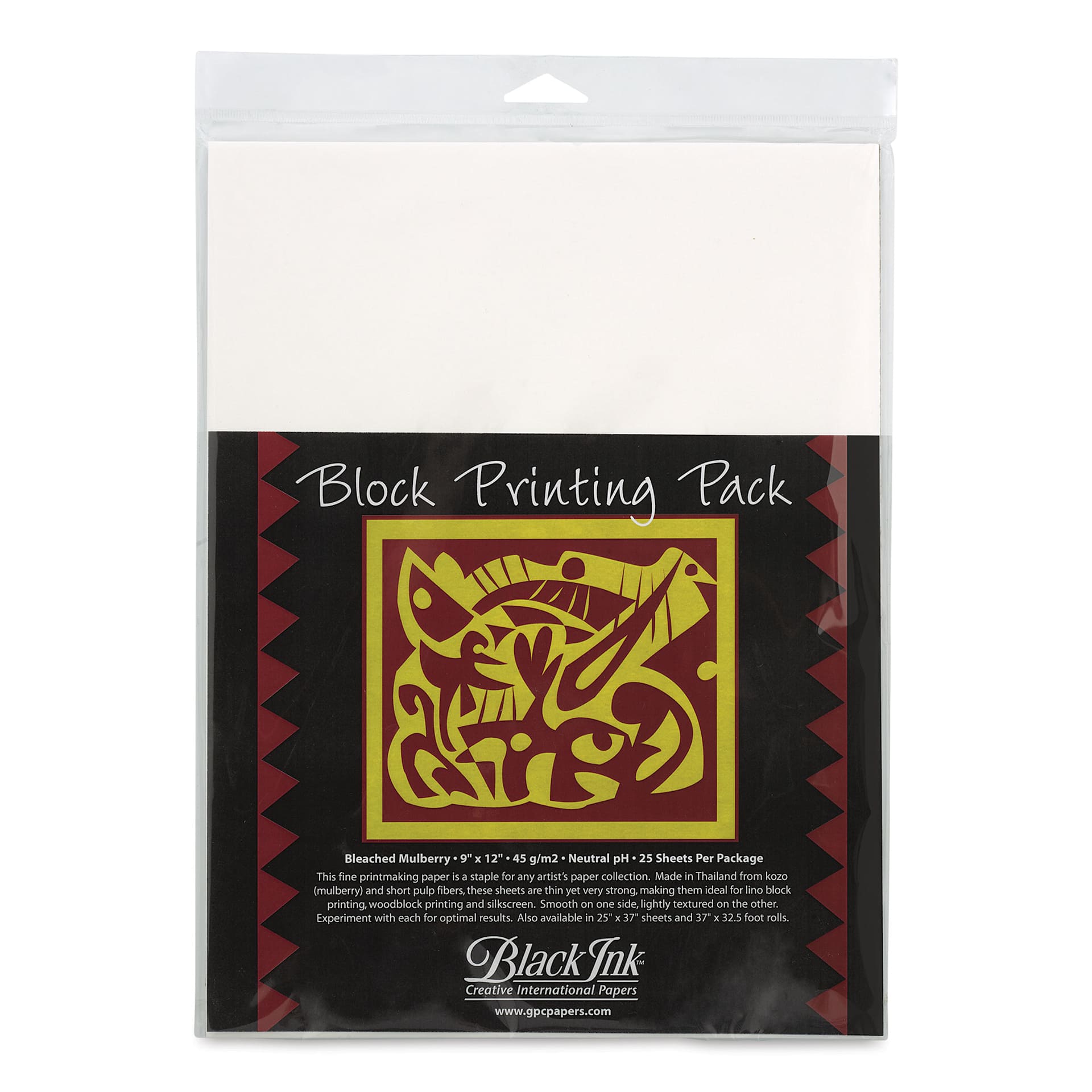 Ink Block Printing Pack - 9" x 12", Bleached Mulberry, 25 Sheets front of packaging