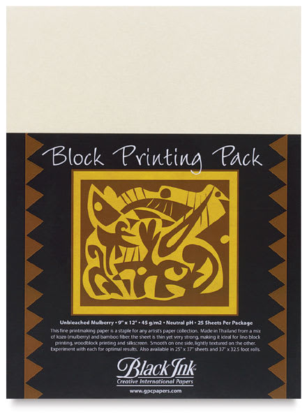 Black Ink Block Printing Pack - 9'' x 12'', Unbleached Mulberry, 25 Sheets