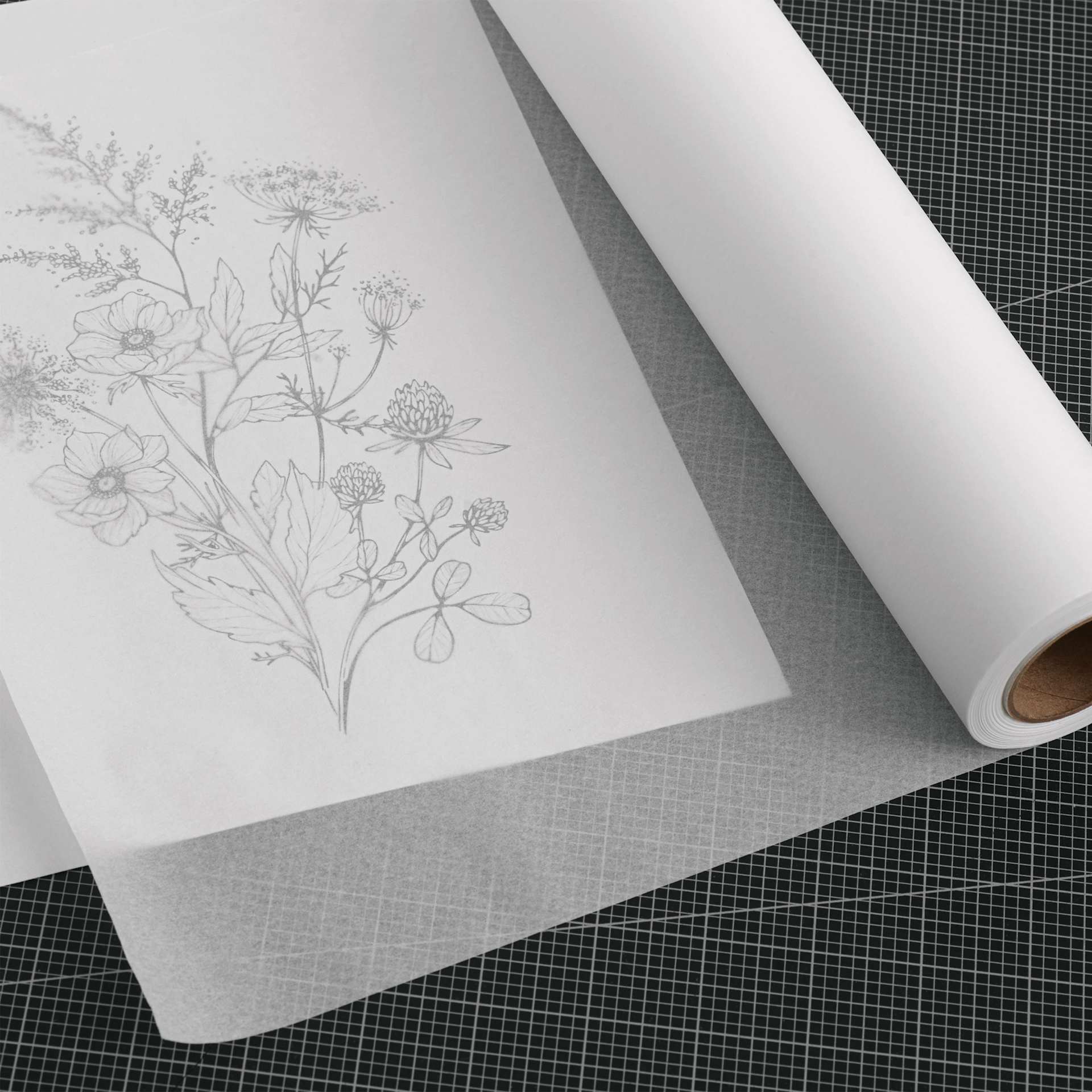 Blick Studio Tracing Paper Roll - 18" x 20 yds, White, paper over flower drawing