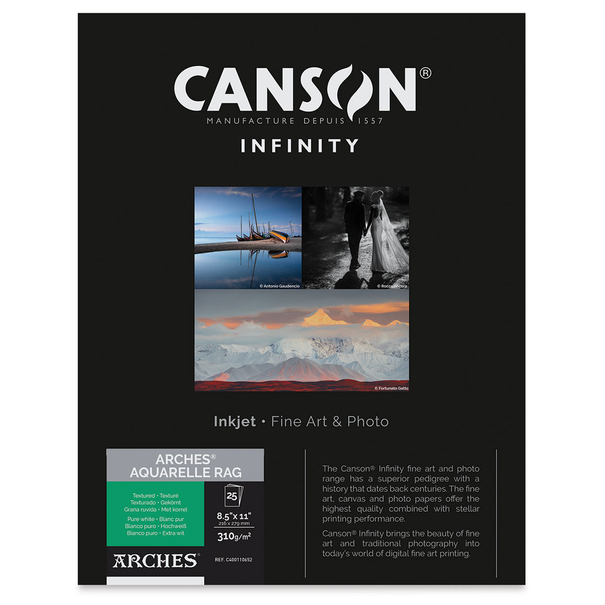 Canson Infinity Arches Aquarelle Rag Inkjet Paper - 8-1/2" x 11", 310 gsm, Package of 25